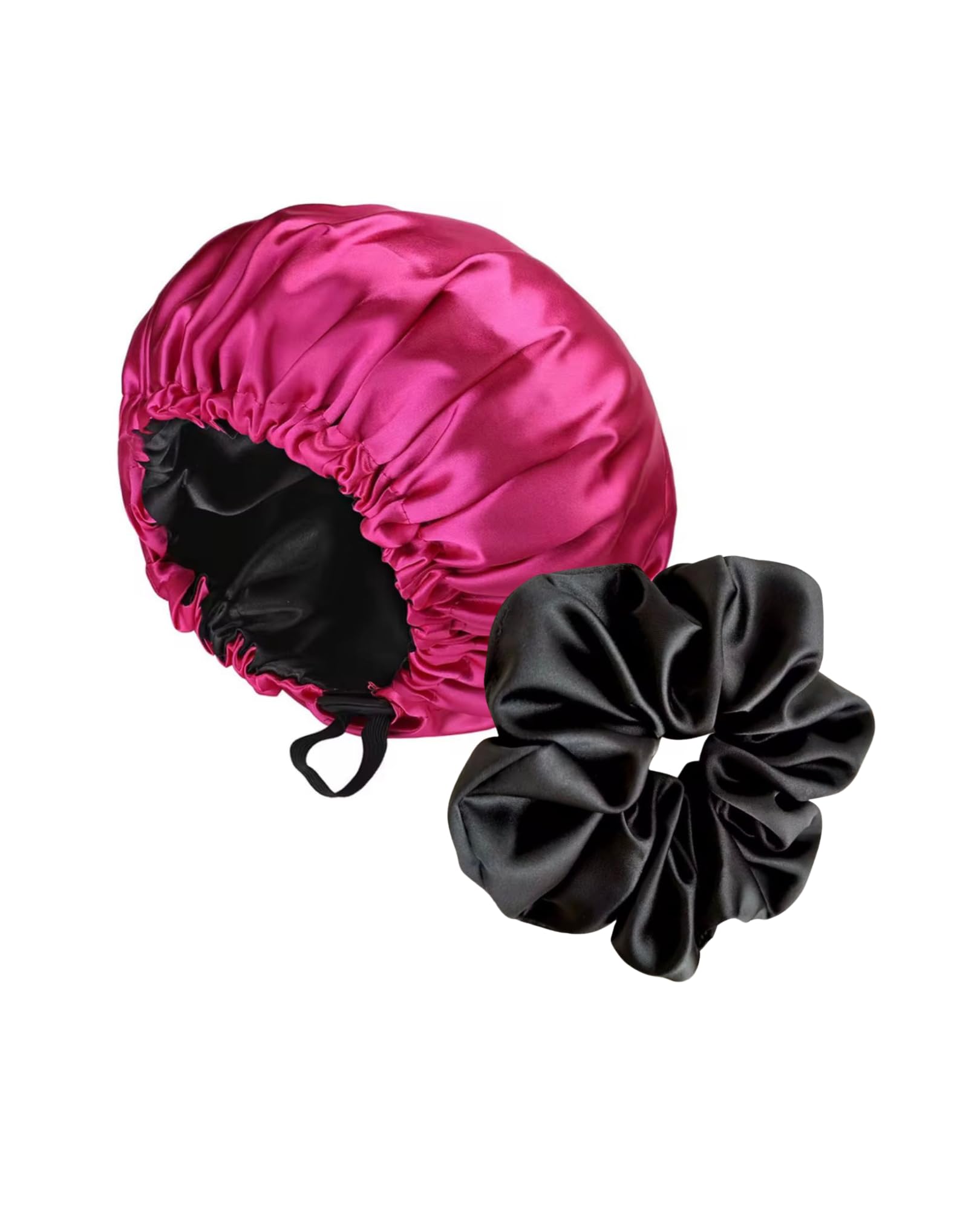 Bellatrix Hair And Beauty Women's Black Satin Bonnet For Sleeping | Double-Layer Reversible & Pink Silk Satin Hair Bonnet With Scrunchie, Adjustable Night Cap For Curly, Natural & Protective Hair – Bellatrix