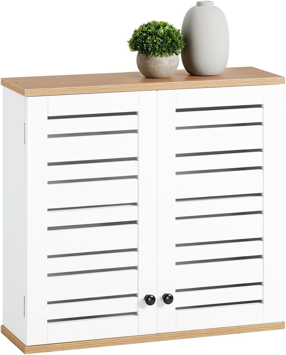 SoBuy Bathroom Wall Cabinet – Wall-Mounted Bathroom Cupboard with Louvered Doors and Adjustable Shelves in Wood, for Kitchen and Hallway – Medicine Cabinet, White, 60x56x19cm, BZR42-W