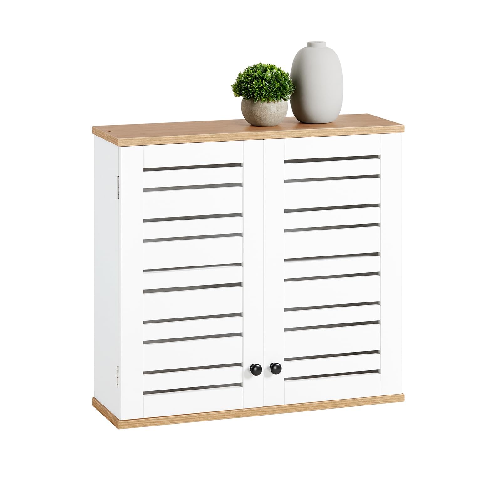 SoBuy Meuble Haut Salle de Bain Armoire Suspendu avec Portes Persiennes et Étagères Réglables Etagere Murale pour Salle de Bain, Cuisine et Entrée Armoire à Pharmacie, Blanc, 60x56x19cm BZR42-​W