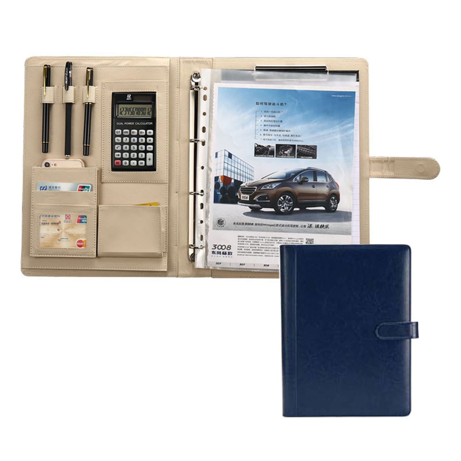 Teczka A4 z notesem, Segregator A4 z organizerem ze skóry PU z kalkulatorem, wielokolorowy, opakowanie 1 szt., 256 x 336 milimetrów(Blue,12 digit calculator)
