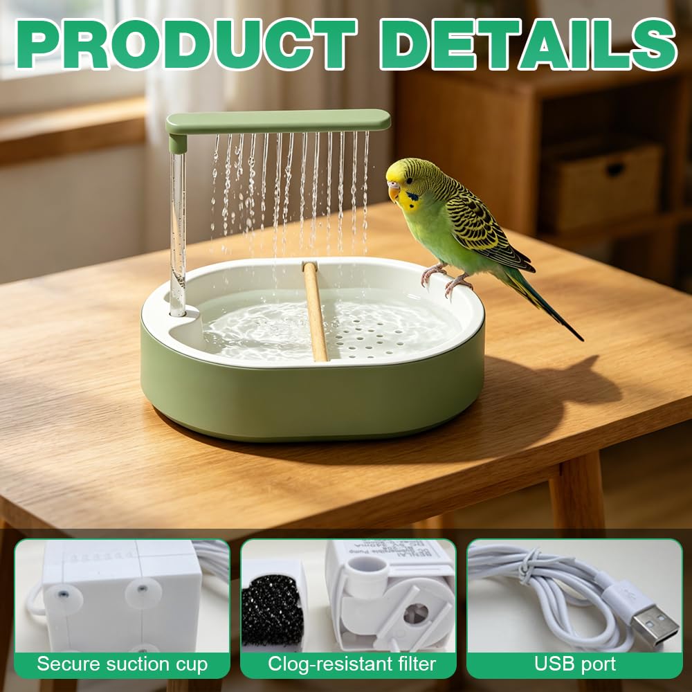 Vogeldusche Wellensittich, Wellensittich Dusche mit Wasserfall und Zirkulierendem Wasser, USB Stromschleife Vogeltränke Balkon, Automatisches Vogelbad (Linientyp)