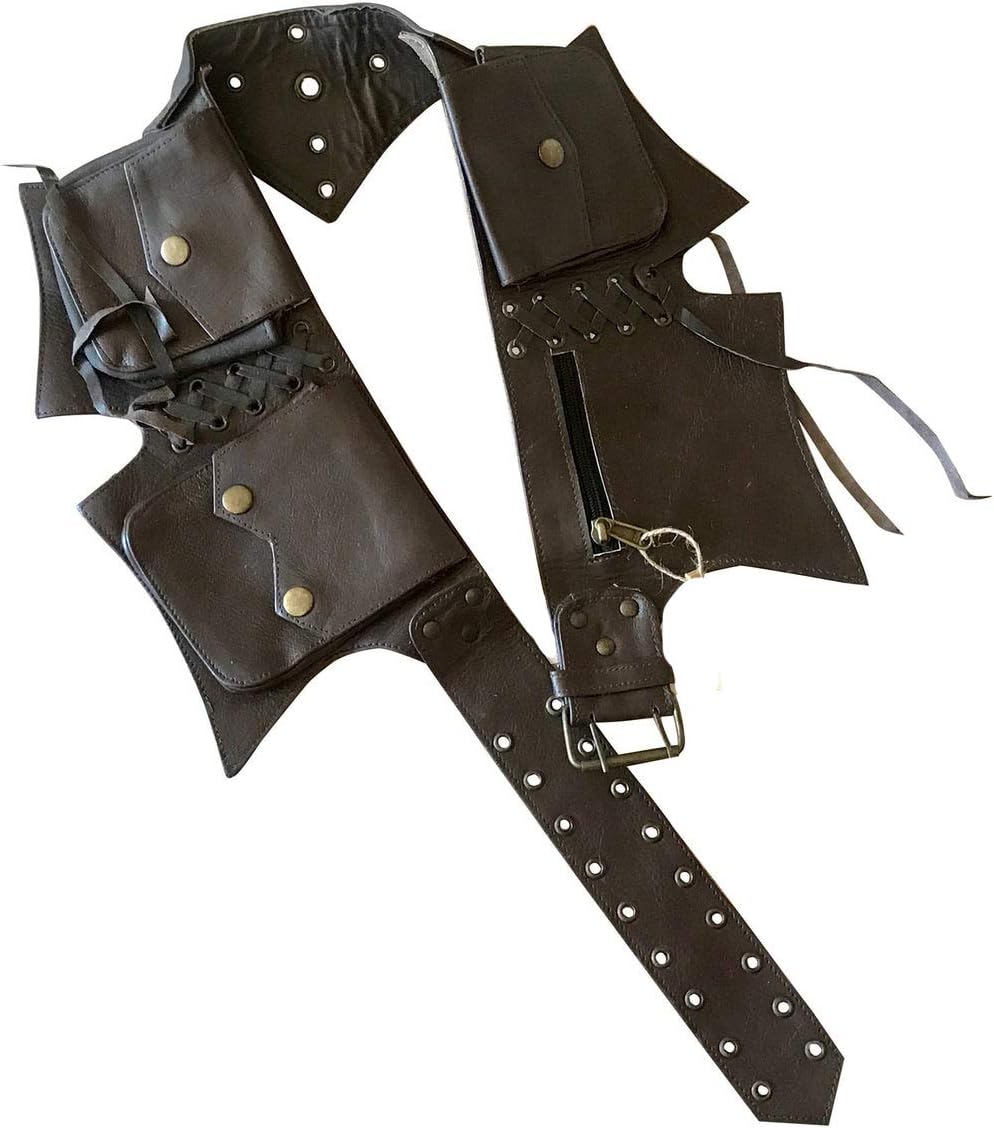 Genuine Leather Utility Belt | 5 pockets | travel, festival, cosplay, hip bag, fanny pack (Dark Brown)