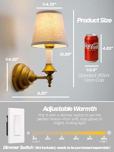 Miniatura 8 de Lámpara de pared vintage de tela rústica, lámpara de pared de tela de lino rústica, lámpara de pared con acabado de latón antiguo cableado para