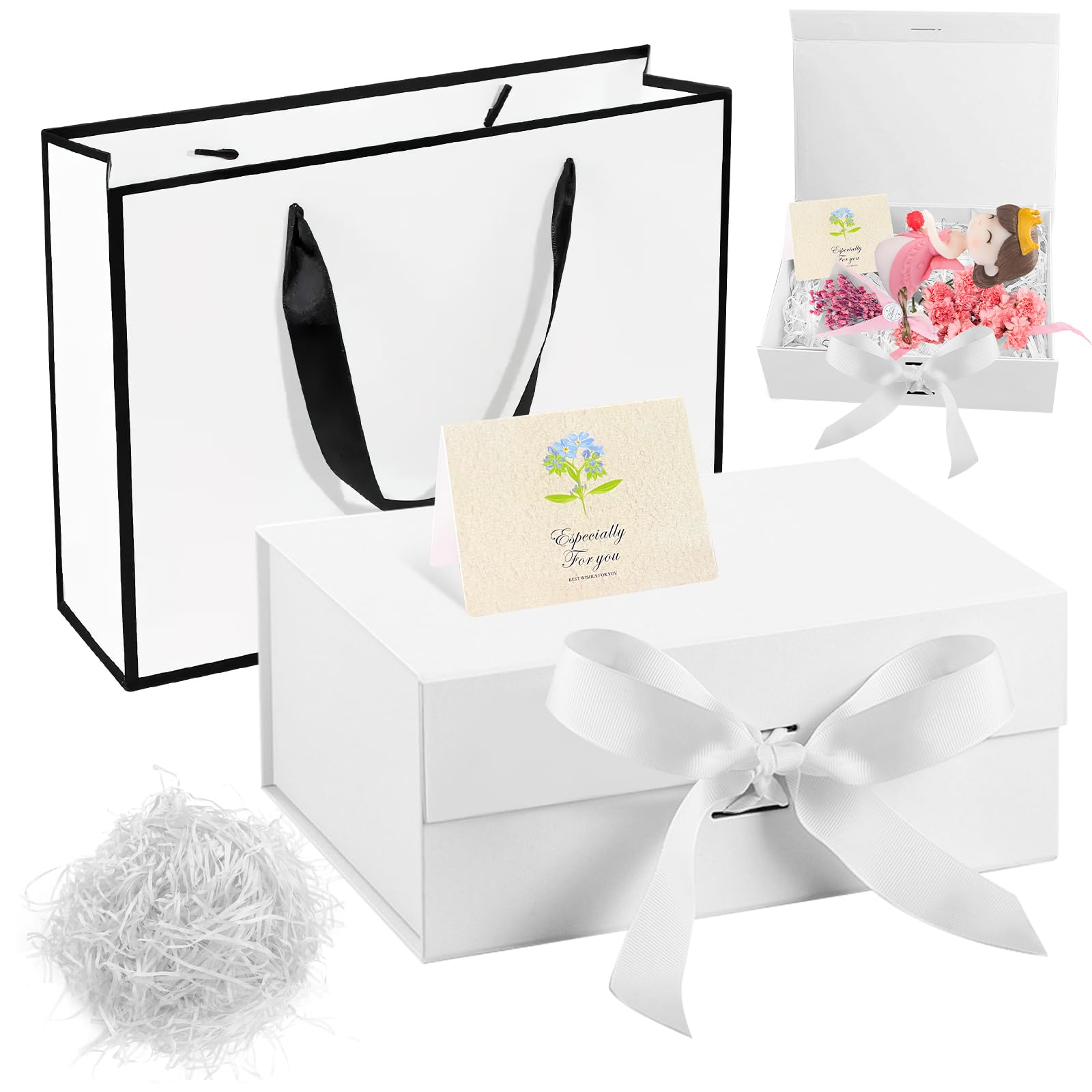 GTNCE Large Gift Box with Lid White 31.5x26x10cm Gift Boxes for Presents Magnetic Wedding Bridesmaid Proposal Box Birthday with Handles Ribbon Gift Boxes for Presents Square with Card Shredded Paper