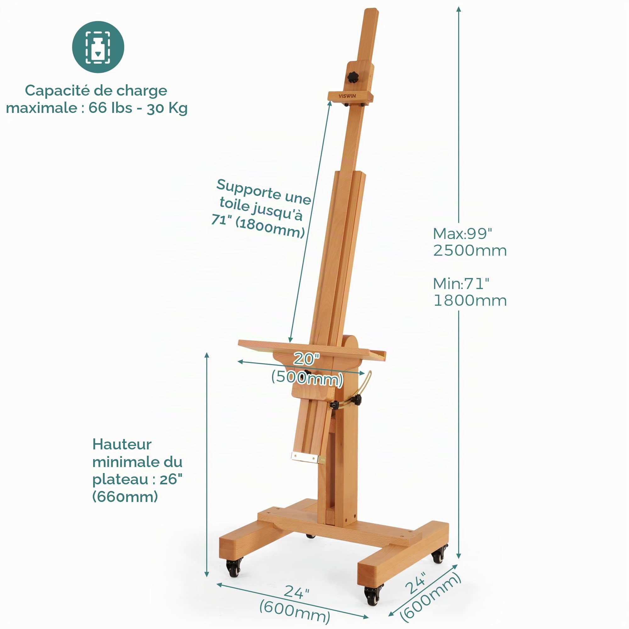 VISWIN Chevalet de studio robuste, inclinable à plat et mobile, réglable en bois de hêtre massif pour peinture, télévision et affichage, peut contenir une toile jusqu'à 180,3 cm, chevalet d'art de sol