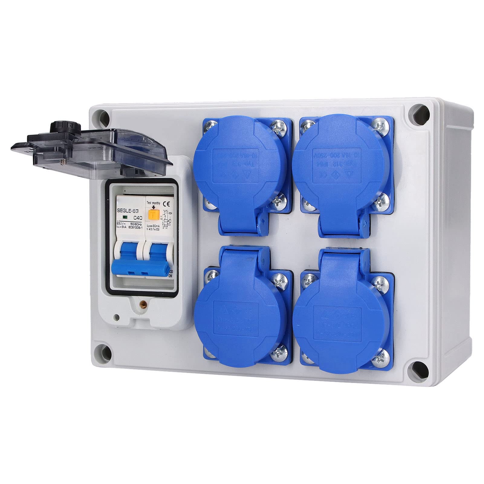 Presa a Muro Protetta RCD 230V 63A Scatola di Presa di Corrente Tedesca a 4 Posizioni con Coperchio a Chiusura Automatica per Uso Interno in Garage per Giardino Esterno
