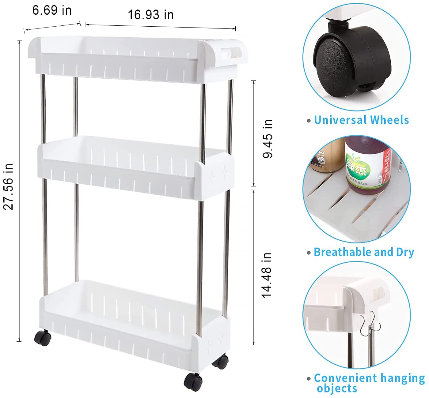 AIYoo Gap Kitchen Slim Slide Out Storage Tower RackWhite 3 Tier Mobile