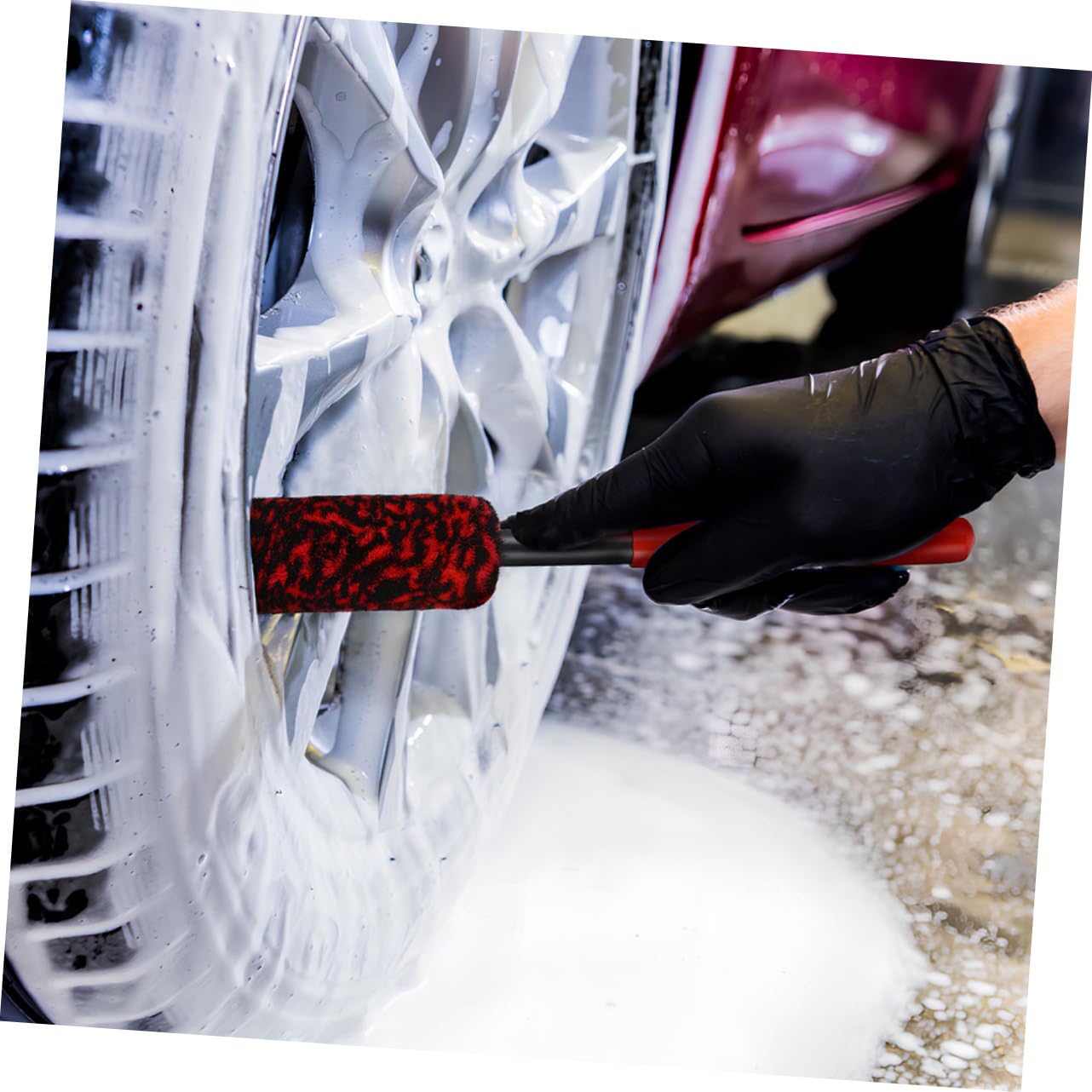 2 Stück Autopflegebürsten mit Wollstab Mittel und Kunststoff Rot Reifen und Felgenreiniger für Auto Motorrad und Fahrrad Radnaben und Felgenreinigungsbürste Langstielig