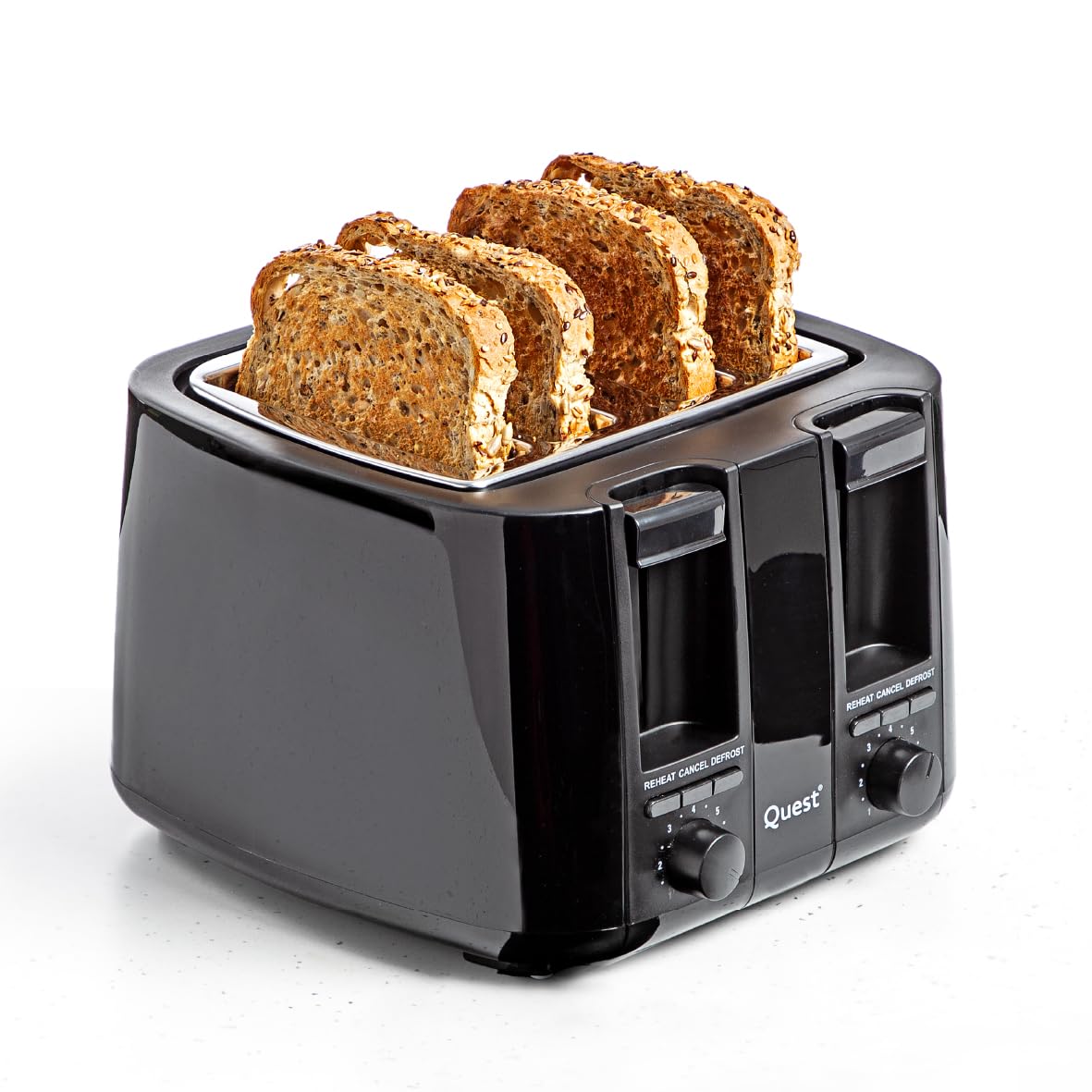 Quest 4 Slice Black Toaster with Extra Wide Slots / 7 Browning Levels/Reheat & Defrost/Crumb Tray & Cord Storage/Bagels, Bread, Crumpets โ image 1