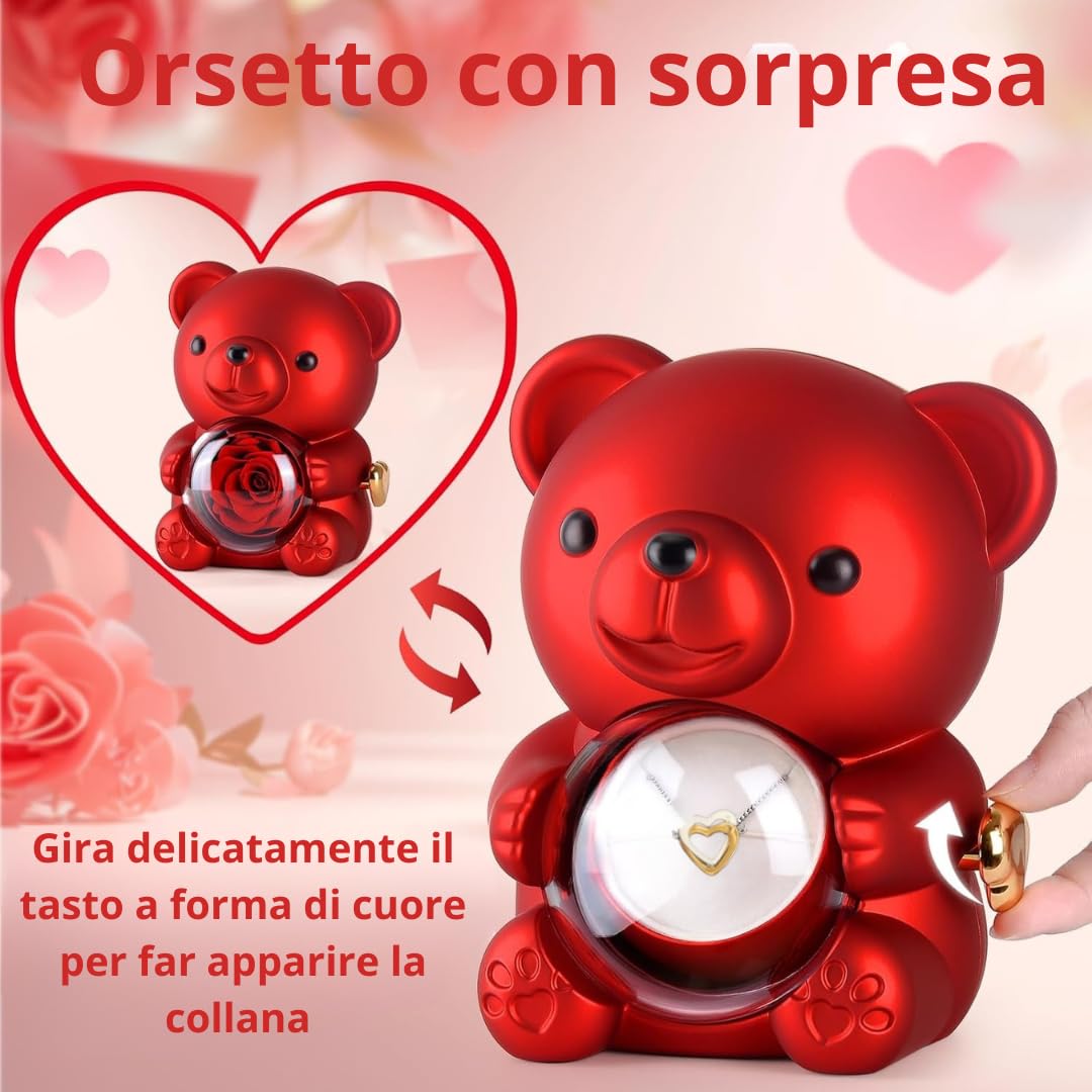 Orsetto con Rosa e Collana,Orso di Rosa Eterna Confezione Regalo con Collana a Forma di Cuore,Orsetto di Rosa Stabilizzata Vera Regalo per Donna, Fidanzata,Mamma,San Valentino,Festa della Mamma