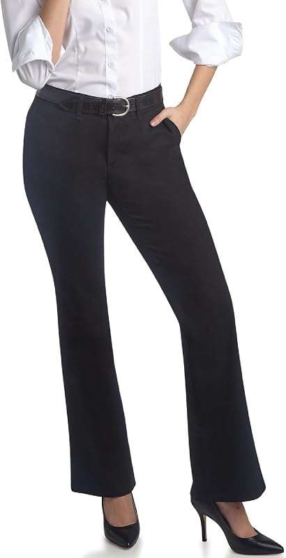 Pantalones Dickies de mezcla de algodón elástico con parte delantera plana para mujer | Talle medio, delgado a través del asiento y el muslo, cintura contorneada anti-espacio, dos bolsillos traseros ribeteados, parte delantera suave con gancho y ojo.