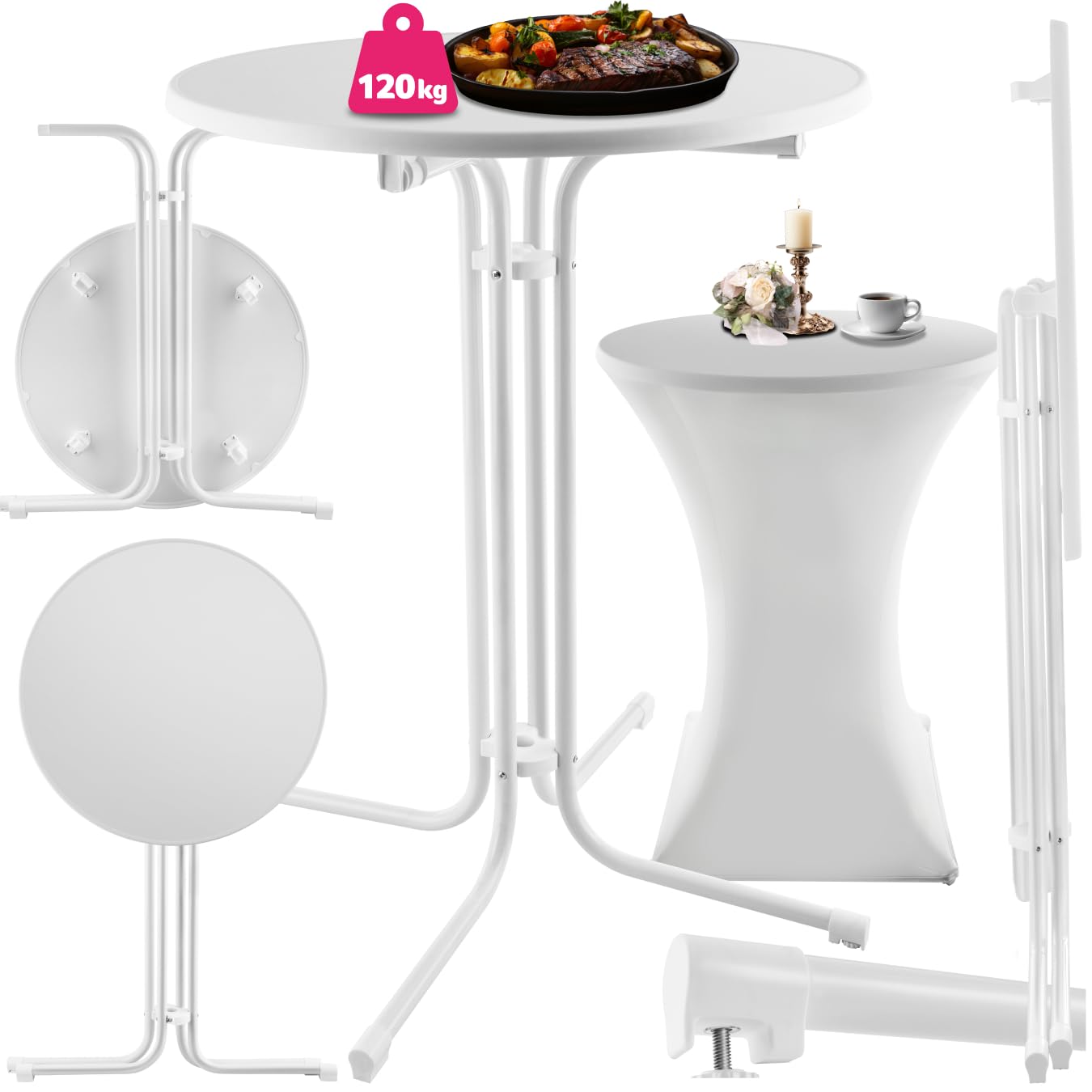 TecTake® Mesa Alta con Estructura Plegable para Cocina, Comedor y Bar, Incluye Funda Lavable de Poliéster, Tablero de MDF Robusto, Estructura de Acero, Pies Antideslizantes, Fácil de Limpiar - Blanco