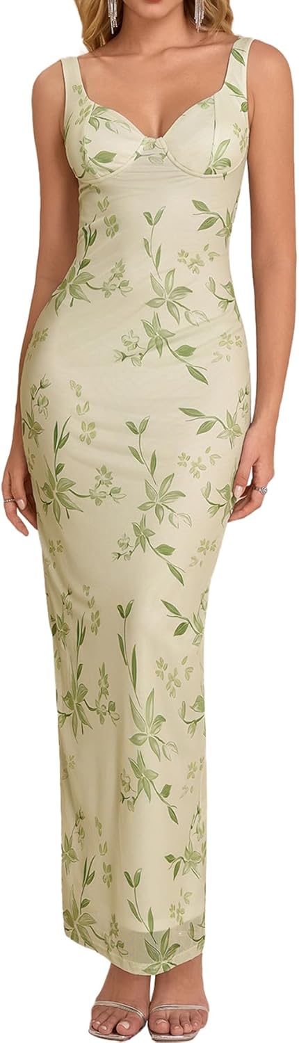 HTZMO Women Summer Floral Bodycon Maxi Dress V Neck Halter Sleeveless Casual Wedding Guest Party Elegant Long Dresses