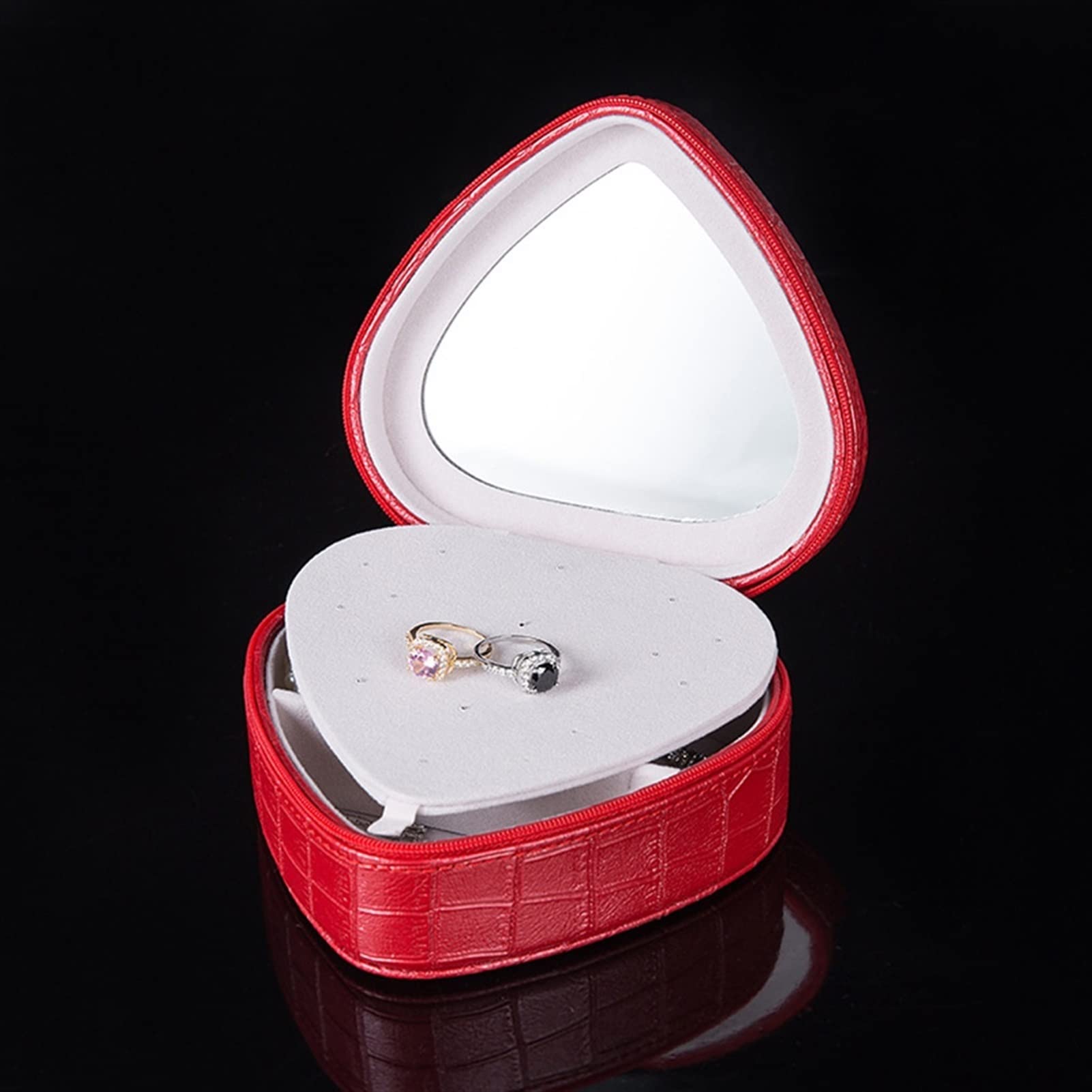Schmuckschatulle in Herzform, Schmuck-Organizer aus PU-Leder, mit Spiegel, Reise-Schmucketui, Geschenk für Frauen (rot)