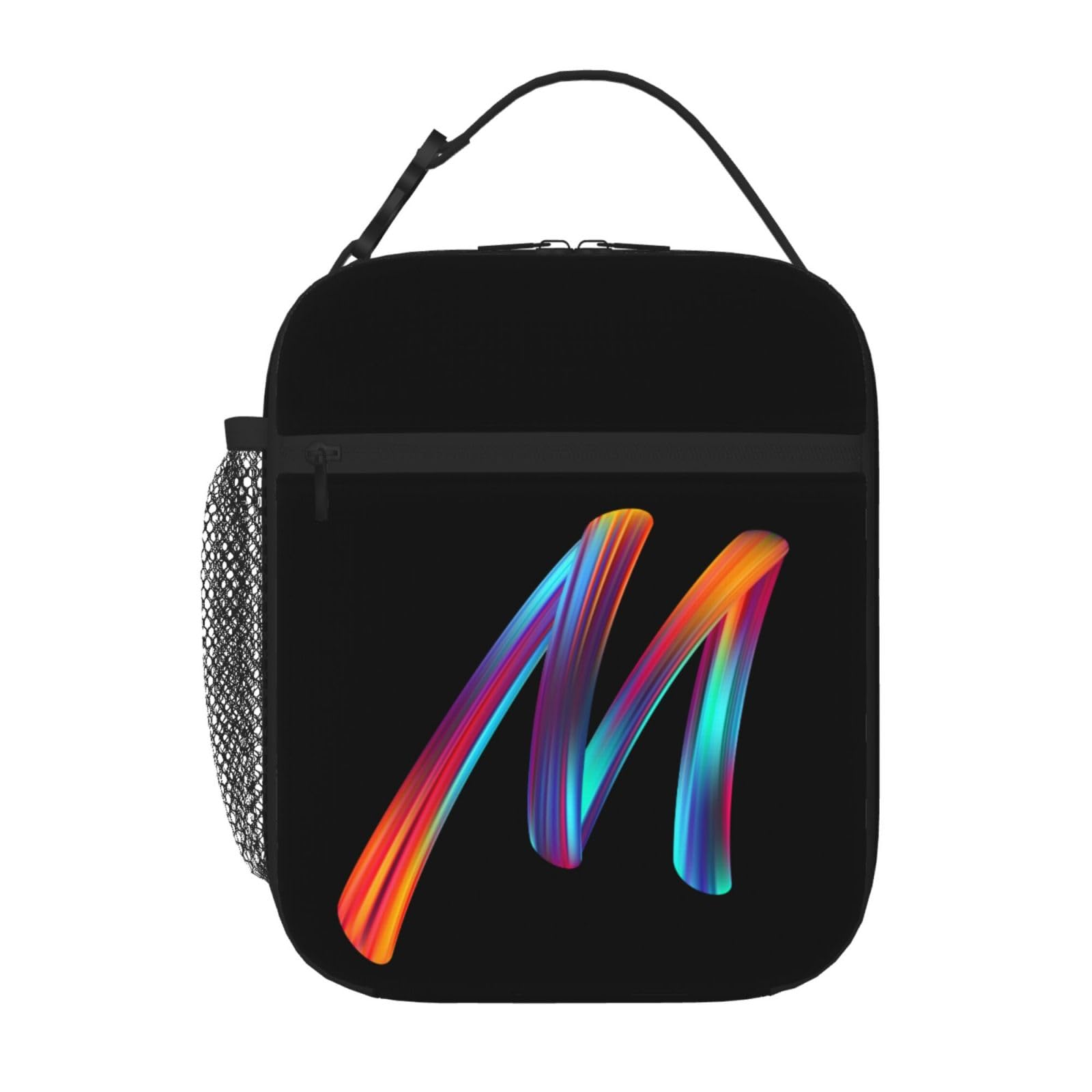 Personalised Letter Lunch Bag with Your Name Print, Custom Black Lunch Box with Initial Words for Adults Kids to Work School, Thermal Insulated Tote Bag with Mesh Pocket Water Bottle Holder, Letter M
