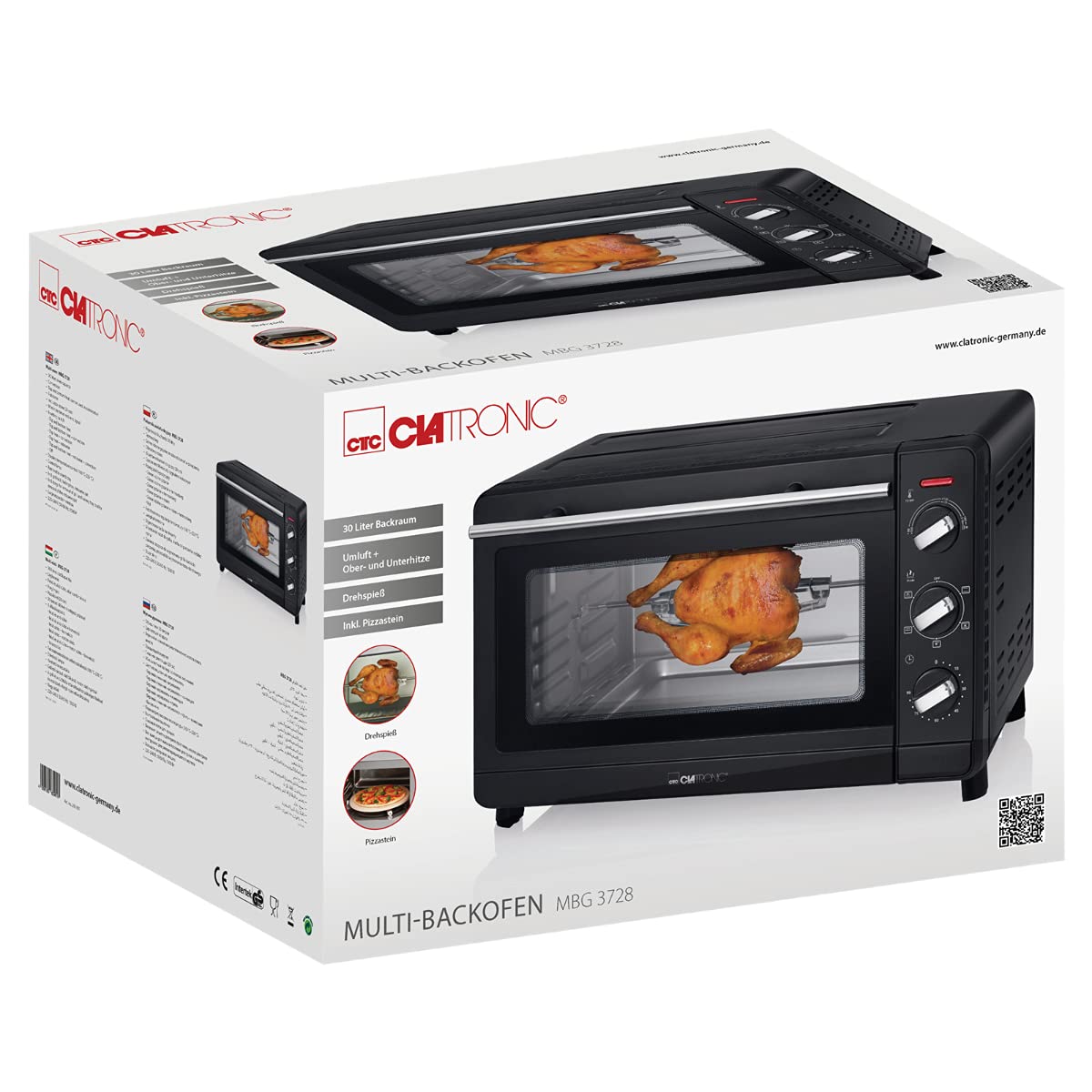 Clatronic Multi-Four MBG 3728, 30 litres d'espace de cuisson, convection + chaleur supérieure et inférieure, minuteur de 90 minutes avec signal de fin, noir