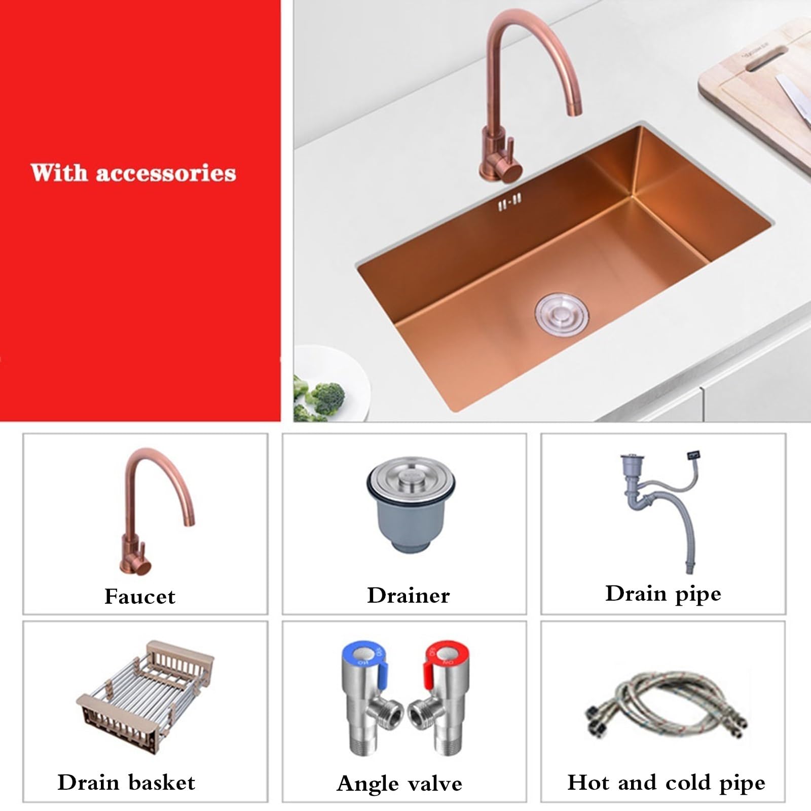 Lavello Da Cucina In Acciaio Inox A Vasca Singola Per Installazione Su Cavalletto/Fuori Cavalletto, Include Accessori Per Il Lavaggio Delle Verdure, Ideale Per L'Arredamento Del Bagno, Oro Rosa 60*40