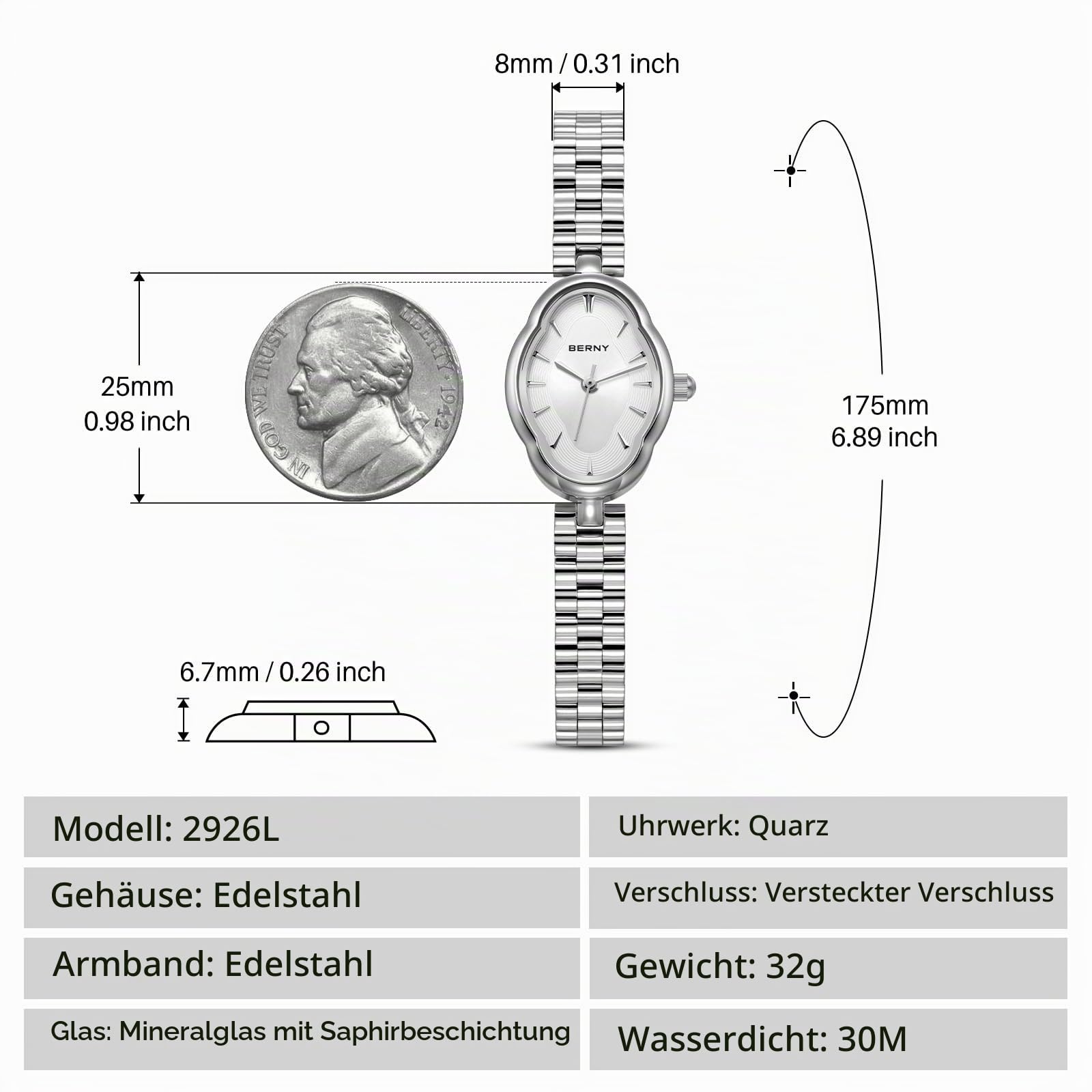 BERNY Damenuhr Quarzuhren für Damen Silber Armbanduhr