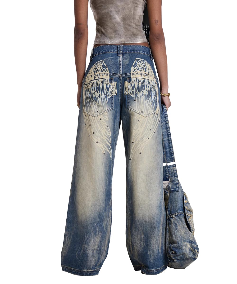 TACSTRUN Women's Vintage Low Rise Y2k Jeans Baggy Stretch Washed Distressed Wings Print Wide Leg Straight Denim Pants,Blue,L