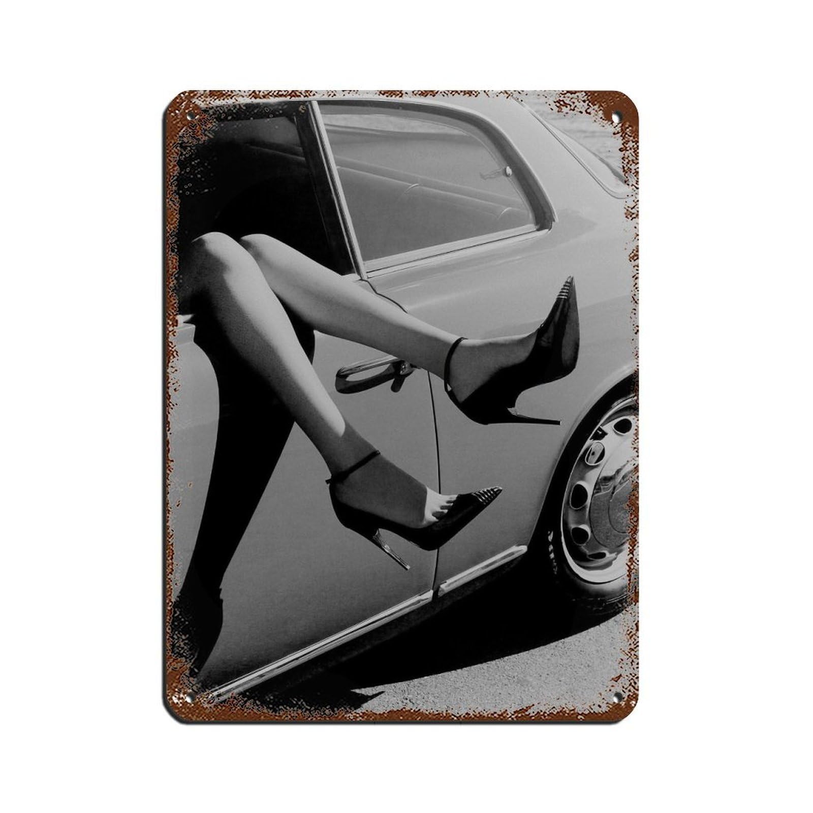 High Heels in Car Poster, Feminist Retro Poster Metal Tin Sign Chic Art Retro Iron Painting Bar People Cave Cafe Family Garage Poster Wall Decoration 12x16inch(30x40cm)