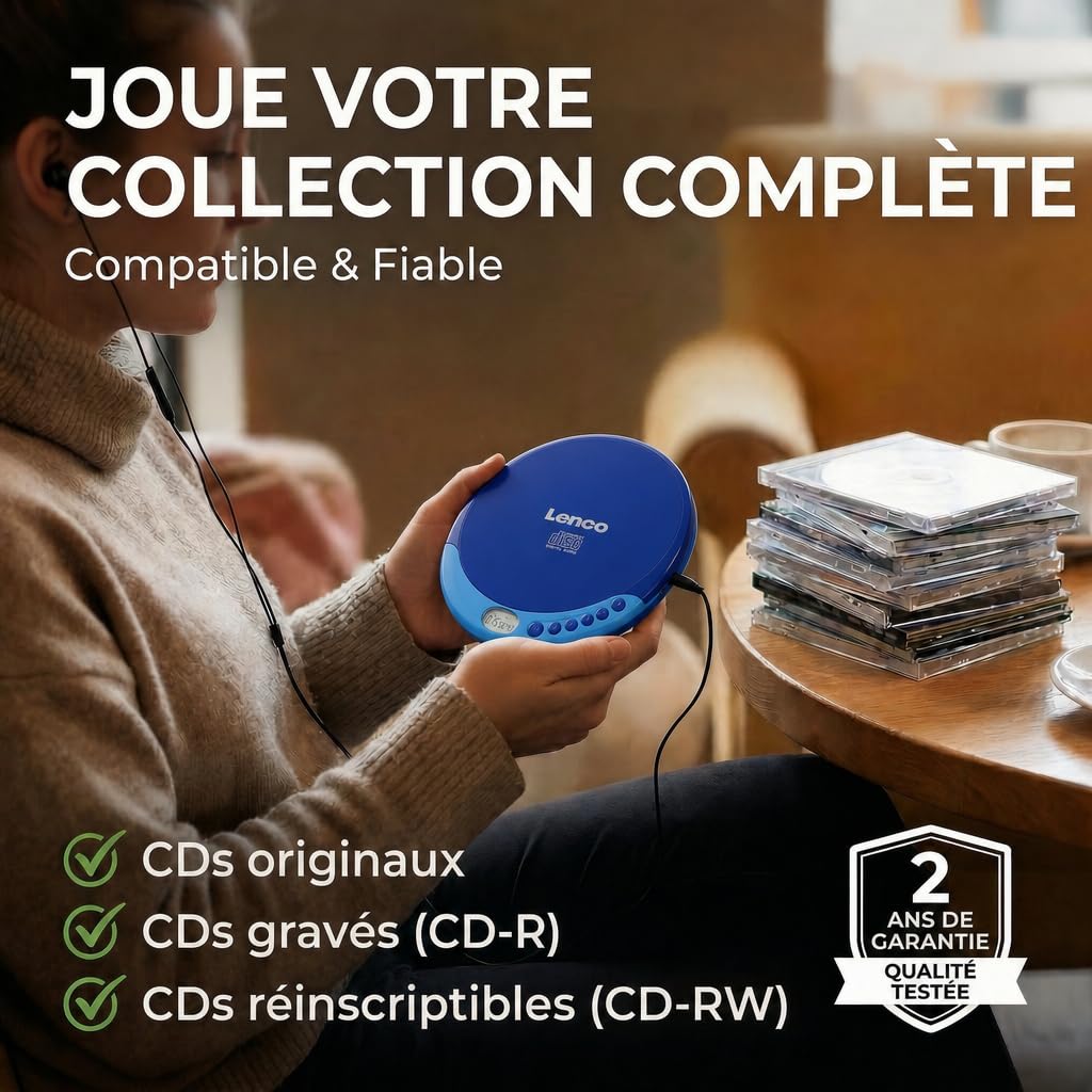 Lenco CD-011 - Lecteur CD portable avec fonction de recharge de la batterie -Diskman - CD Walkman - Avec écouteurs et câble de recharge micro-USB - Écran LCD - Bleu