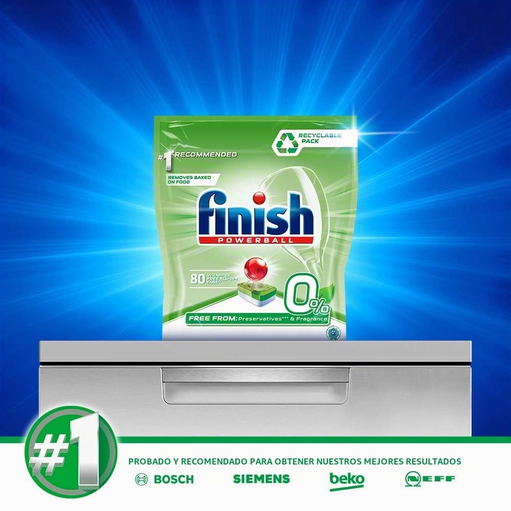 Finish 0% Pastillas para lavavajillas sin conservantes ni fragancias, 80 pastillas