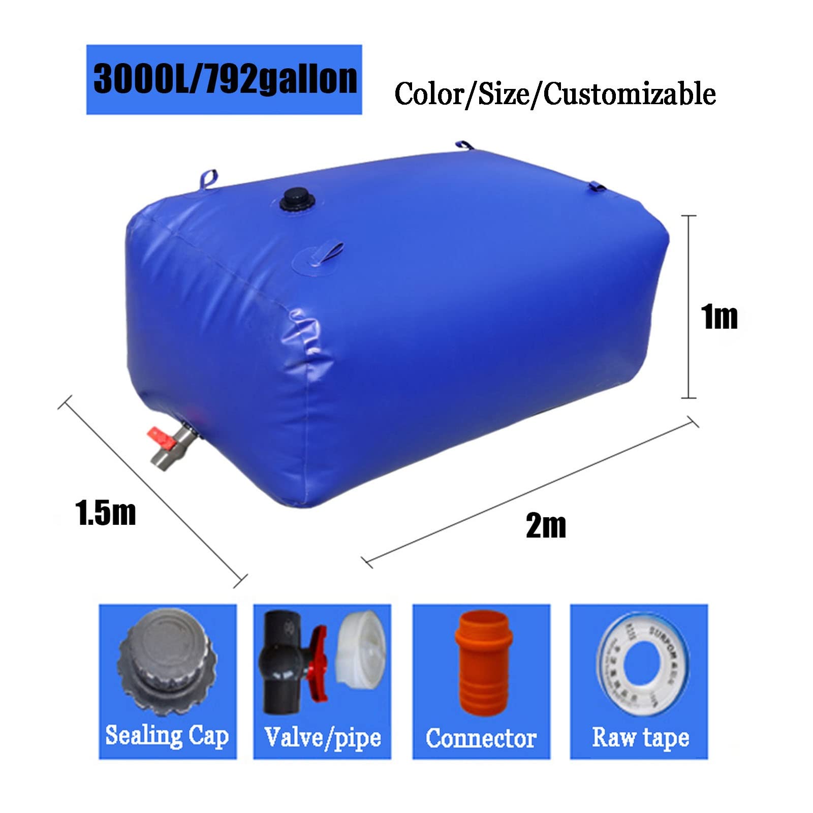 Serbatoio Acqua Pieghevole 3000 Litri - Contenitore Vescica Per Campeggio E Irrigazione - Resistente In PVC, Con Valvola E Coperchio - 250x150x80 Cm - 3