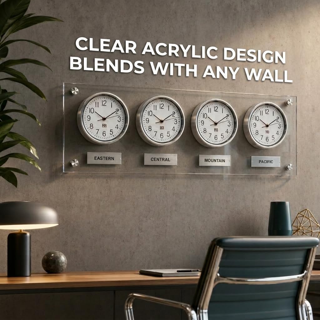 BBHORAIRE Silver Time Zone Wall Clock, Silent Quartz Analog World Clock for Home or Office, Battery Operated, 32x12 Inch