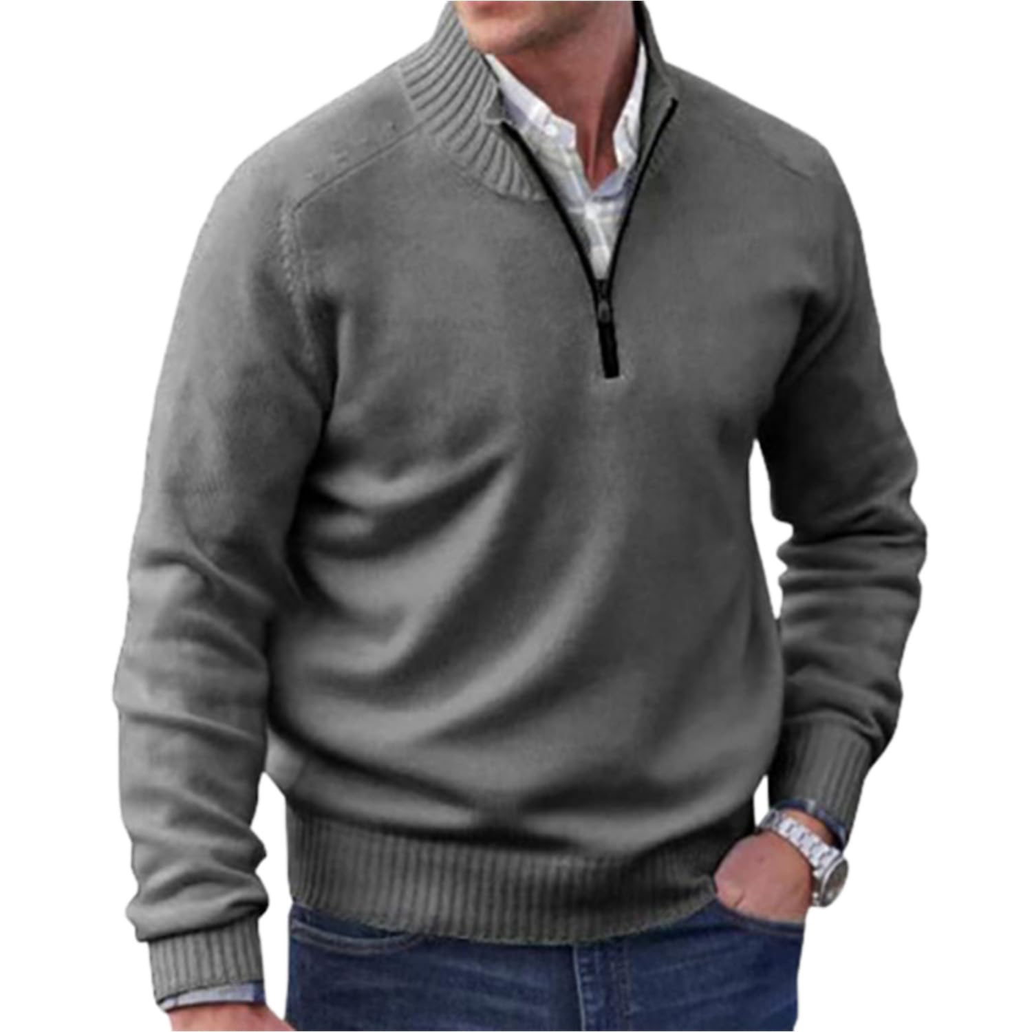 Suéter básico con Cremallera para Hombre, cárdigan de Manga Larga con Cuello Alto Ligero y Ajuste Delgado con Cremallera de un Cuarto (XX-Large,Gray)