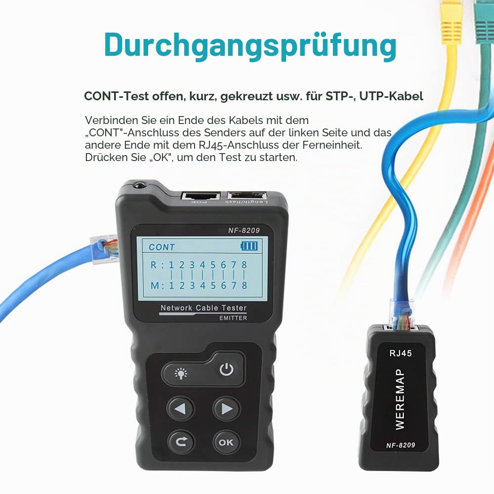 Netzwerkkabeltester NF-8209 Draht-Tracker Netzwerkwerkzeug Scan-Kabel Wiremap Tester CAT5 CAT6 Kabellängenmessung, PoE Testing, NCV Funktion