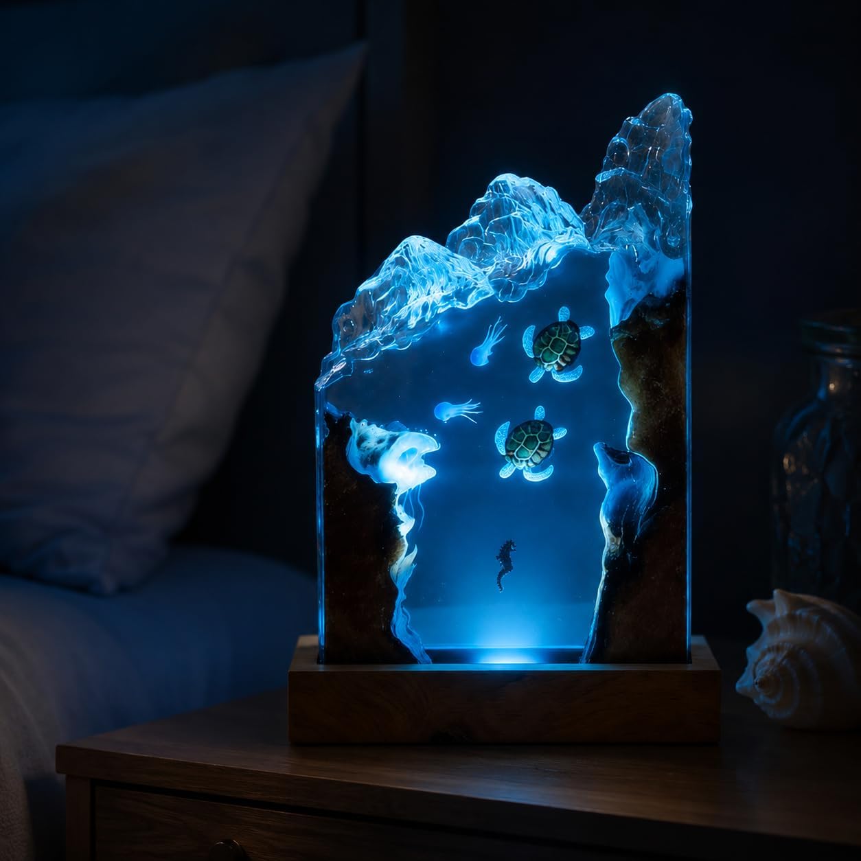 Creative Ocean Wave Epoxy Resin Wood Night Light, Whale Shark Dimmable Lamp Deep Sea Diver Ornament, Epoxy Resin Lamp Handmade Home Desk Decor, Mothers Fathers Day Birthday Gift (Style 2) image 2