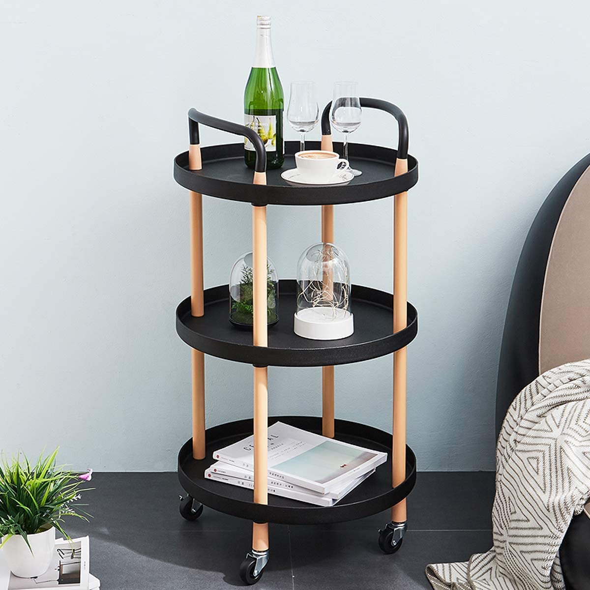 RELEMTRA3 Golv Kökvagn Svart Rullvagn Modern Serveringsvagn Med Stor Kapacitet Universalvagn Runt Vardagsrum Soffbord Kök Vagn Med Fyra Hjul Hylla För Kök Vardagsrum Badrum Kontor