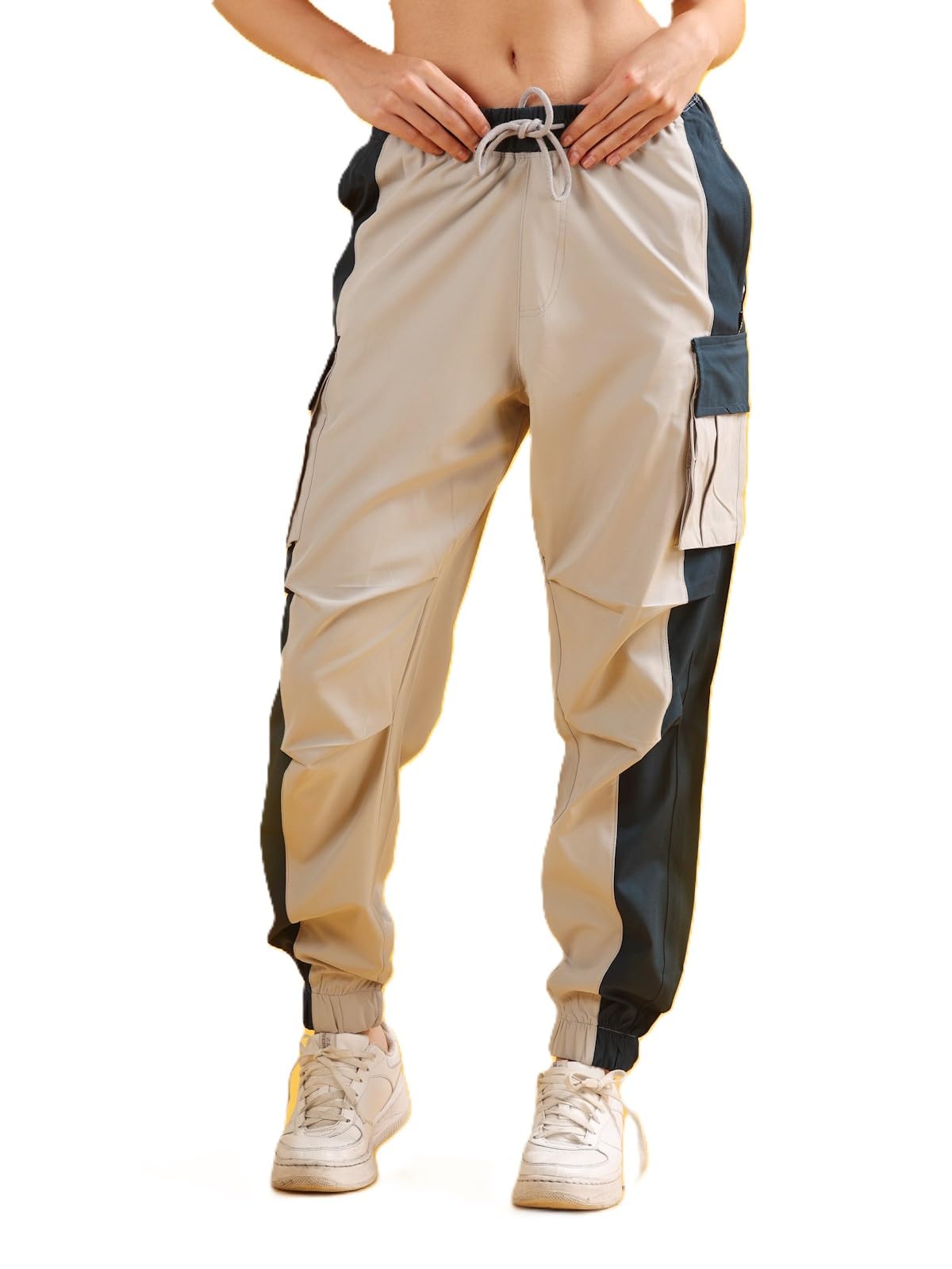 Women Stylish Cream High Waist Multi Pockets Utility Joggers, Multipocket Cargo Pants for Women-image-48