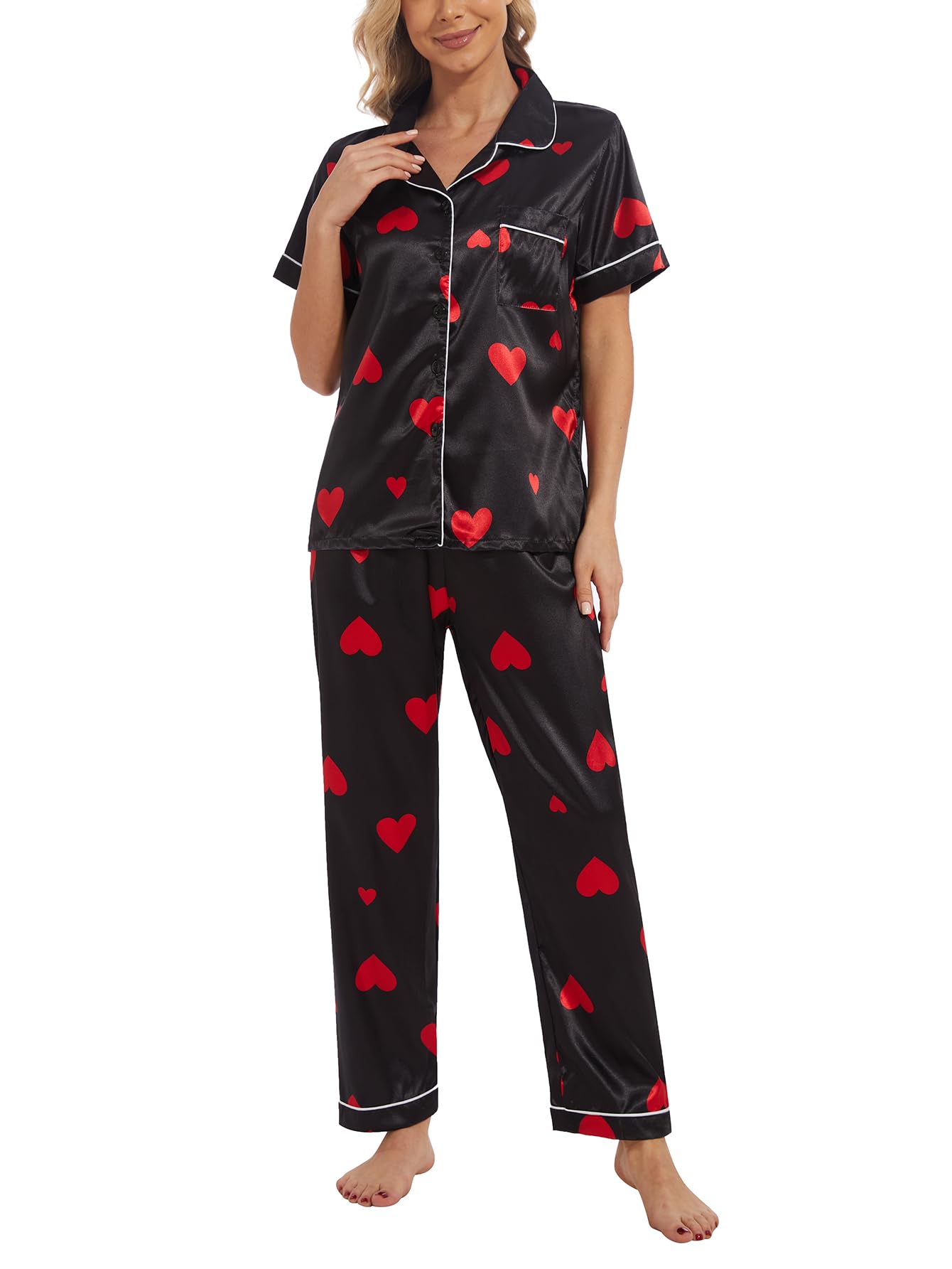 YIJIU Womens Silk Satin Pajamas Set Short Sleeve Sleepwear Soft Button Down Loungewear Two-piece Pjs Sets XS-XXL Long Large Black Love