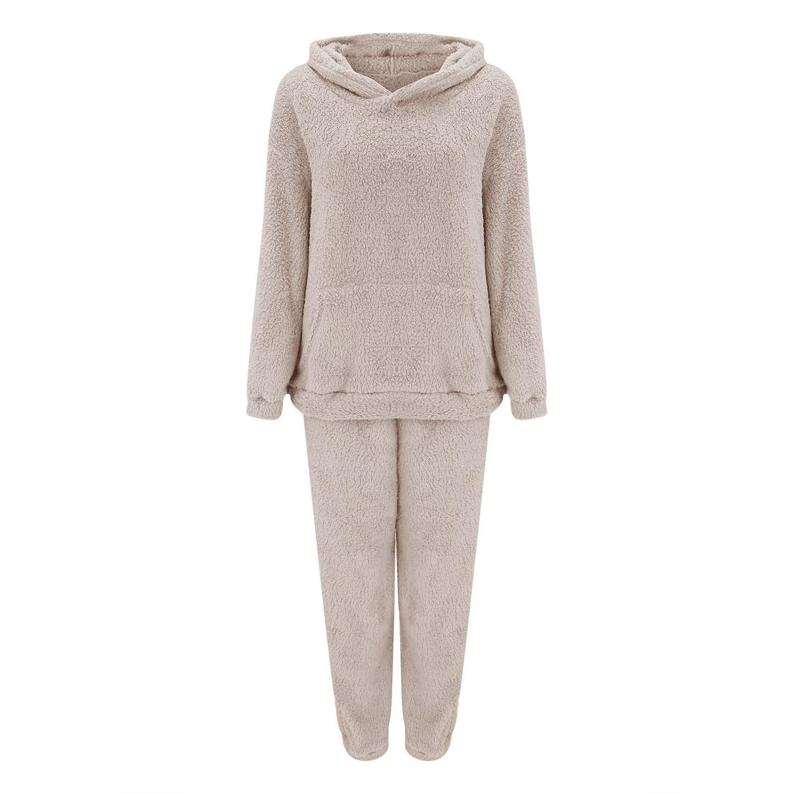 Generisch Pijama para mujer de invierno, suave, juego de dos piezas, mullido, cómodo, pantalón de pijama y suéter con capucha, monocolor, informal, cálido, ropa de casa, ropa de salón