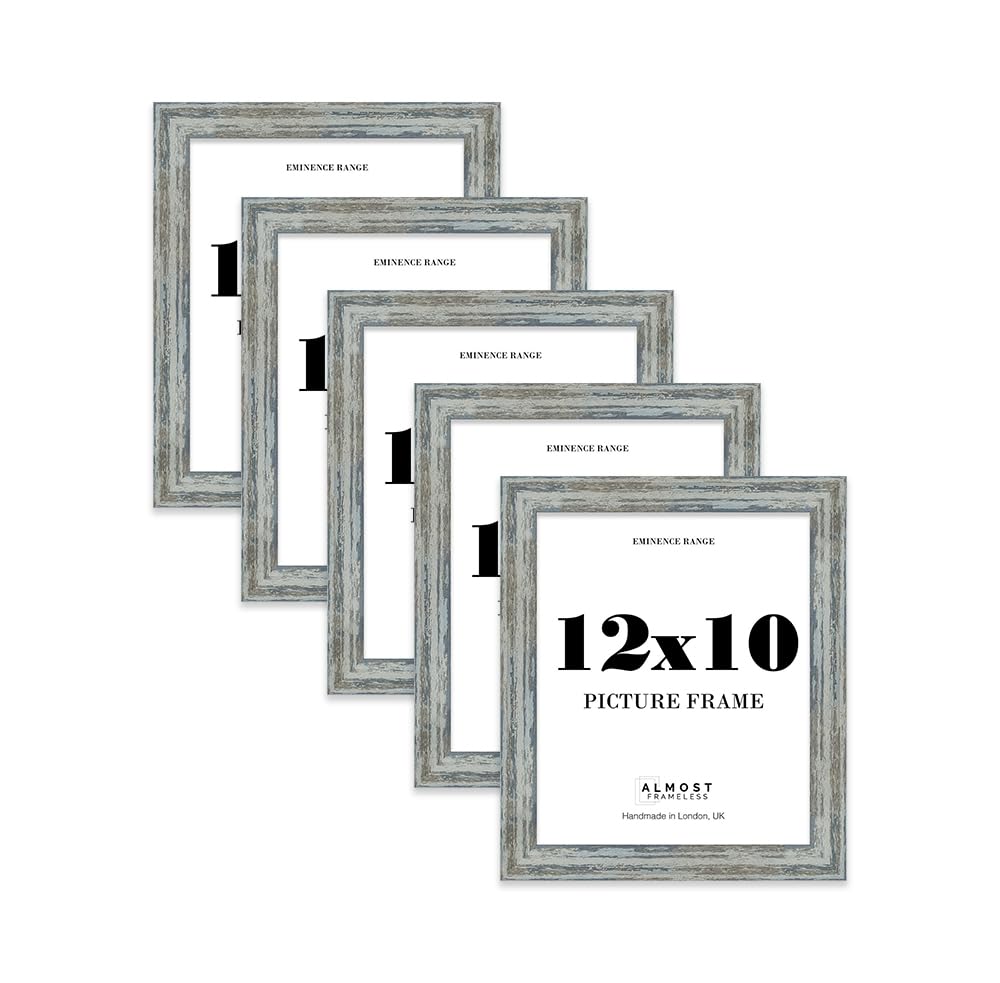 12x10" Distressed Blue Picture Frame - Rustic Wood Industrial Effect Photo Frame for Wall Display, Ideal for Posters, Prints & Home Décor, Wall Hooks and Kickstand, 32mm Edge - 5 Pack