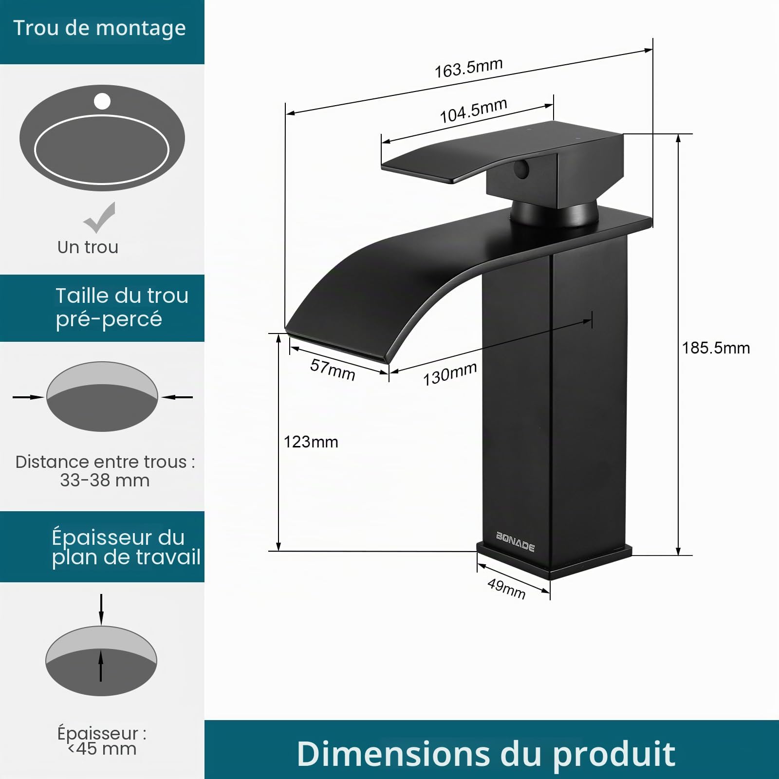 BONADE Robinet Lavabo Cascade Noir, Robinet Salle Bain Noir avec l'Eau Froide et Chaude Disponible, Mitigeur Lavabo Inox 304 de Super Qualité, Robinetterie Salle de Bains Design Elégant