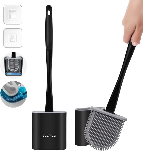 Toilet Brush, Silicone Toilet Brush with Holder SetBathroom Dead Corner Deep Toilet Brush with Non-slip Long Handle & Soft Brushes Bristles & Anti-drip Base(Black)