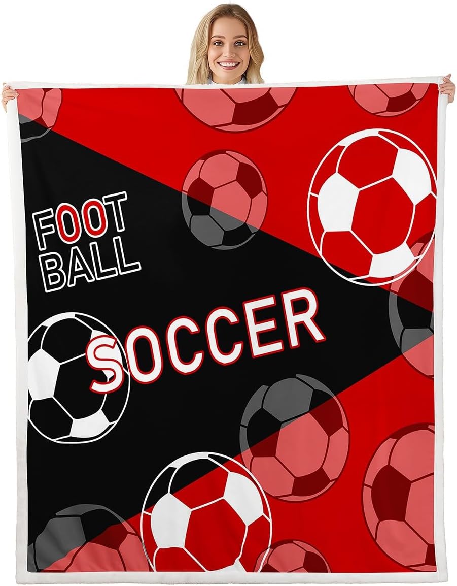 jejeloiu Football Sherpa Blanket Soccer Ball Sports Fleece Throw Blanket for Kids Boys Girls Ball Game Plush Blanket Red Football Print Fuzzy Blanket for Sofa Bed Couch,Twin 60x80 Inches
