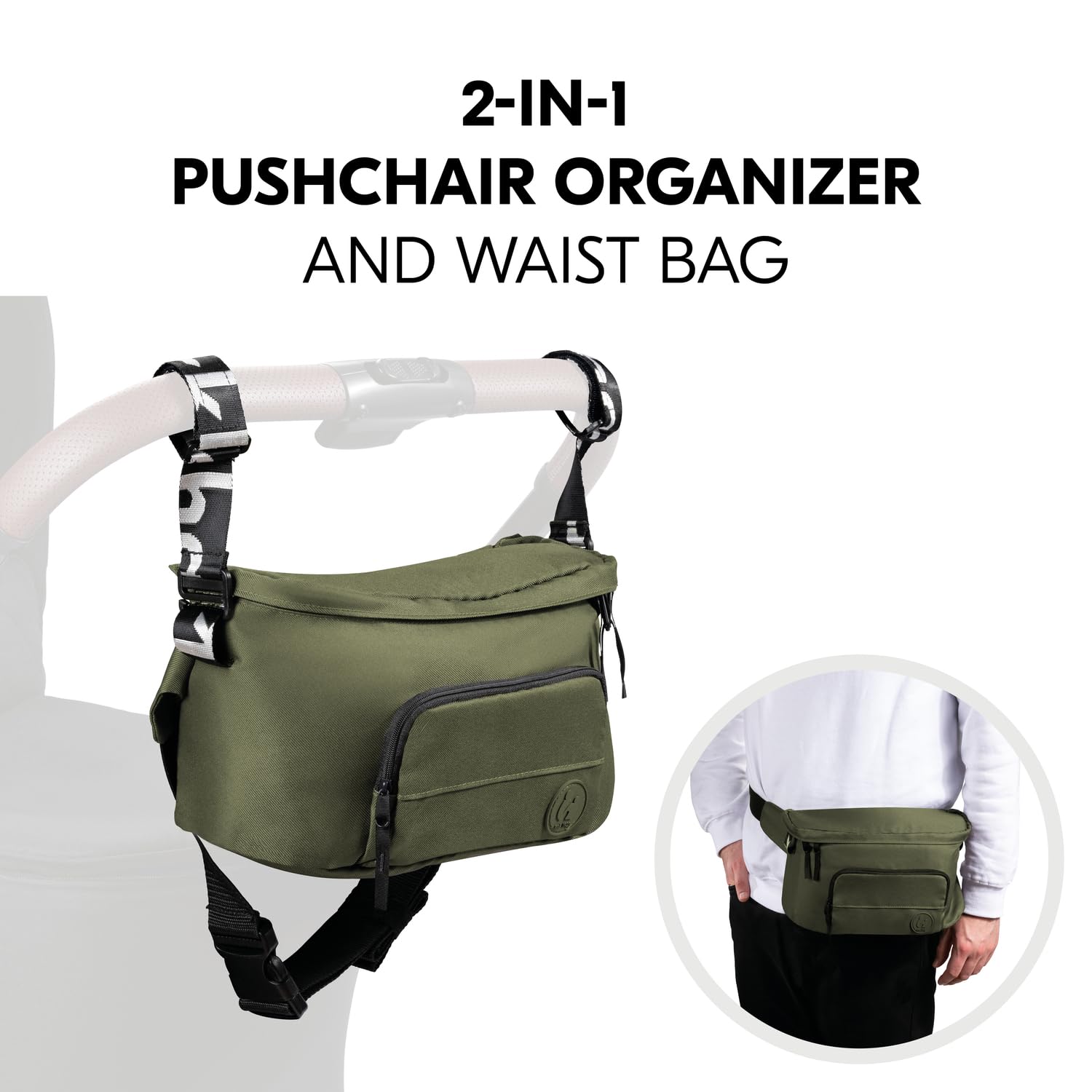 hauck 2 en 1 Riñonera y Bolso Carro Bebe, Bolso Maternidad para Carritos y Sillas de Paseo, Fácil Fijación al Cochecito, Cinturón Ajustable, Unisex, Verde