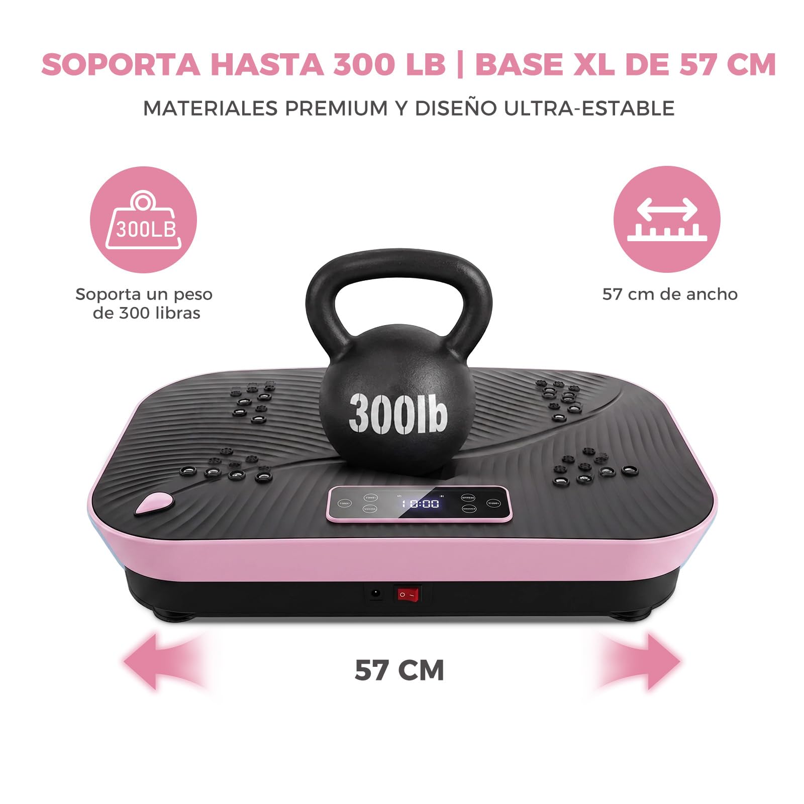Plataforma Vibratoria Fitness, Máquina Vibratoria para Adelgazar con Bluetooth, Masaje Magnético, Base XL 57cm, Soporta 300 LB, con Bandas