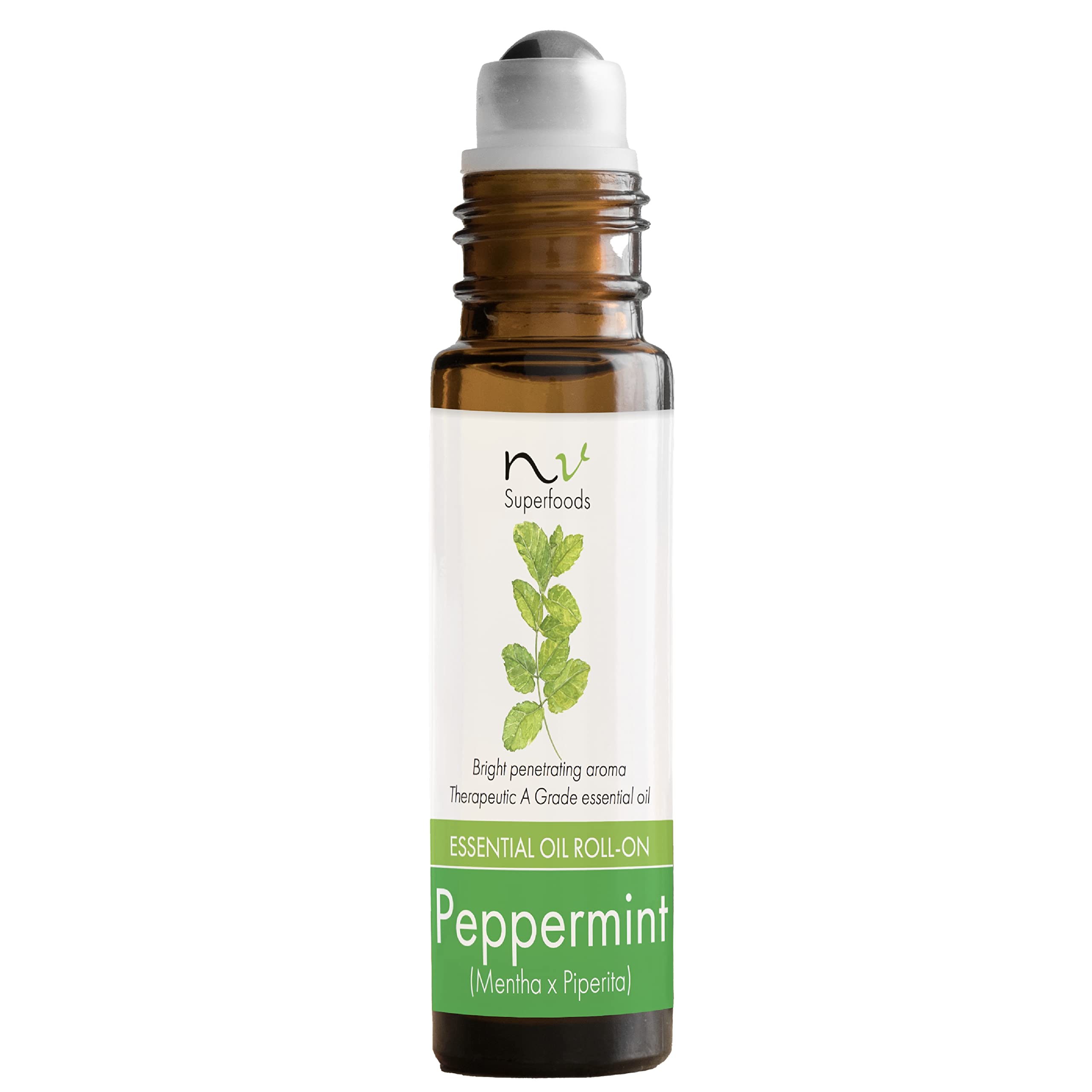 NV Superfoods Peppermint Essential Oil Roll-On - 10 ml - 100% Natural, Therapeutic Grade Oil for Skin Care & Home Essentials