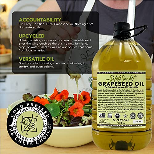 Image of Cold Pressed Grapeseed Oil by Salute Sante! High Temperature Cooking, Healthy Grape Seed Oil, Non-GMO and Kosher for Salad Dressings, Marinades and Dips, Vegan, 5 Liter, 3 Pack