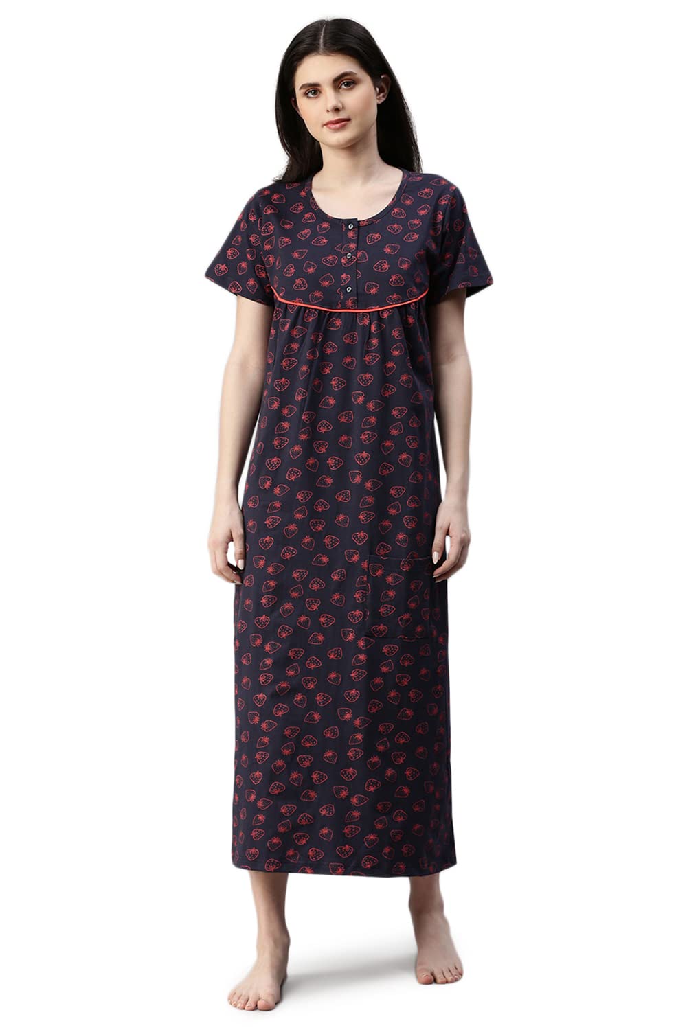 Womens Nightdress Pure Cotton Printed Maxi Length Relaxed Fit Sleepdress Nightwear with Side Pocket and Chest Button Placket for Feeding-image-18
