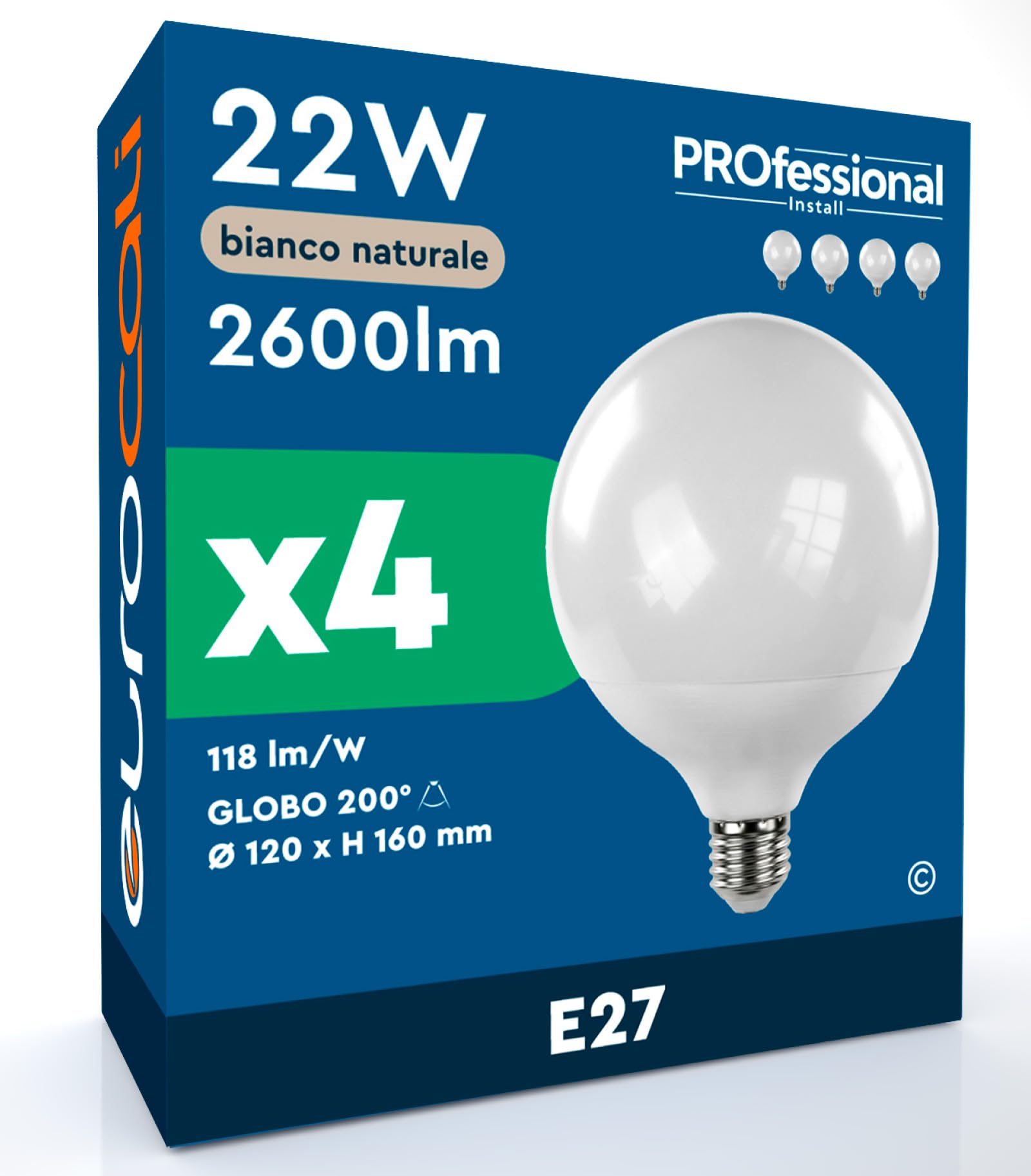 Eurocali 4 Lampadine LED con Attacco E27 Forma Globo G120 22W Chip SMD 2600 Lumen - Luce Naturale 4000K - Alta Luminosità 118 lm/W in Plastica Opaca Non Dimmerabili