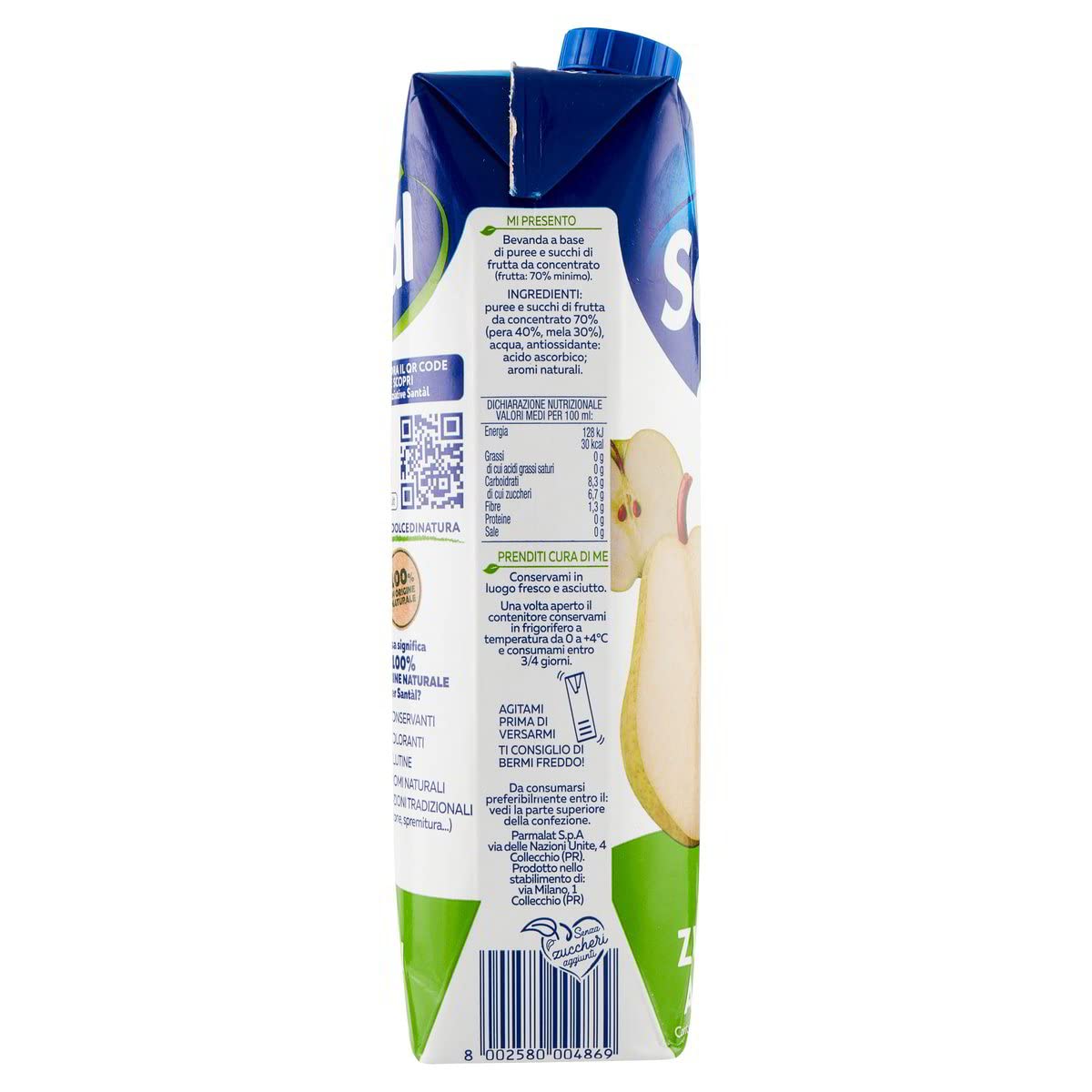 Parmalat Santal Succo di Frutta Pera Dolce di Natura Zero Zuccheri Aggiunti Peras Jugo de fruta cero Azúcar Refrescante 1000 ml