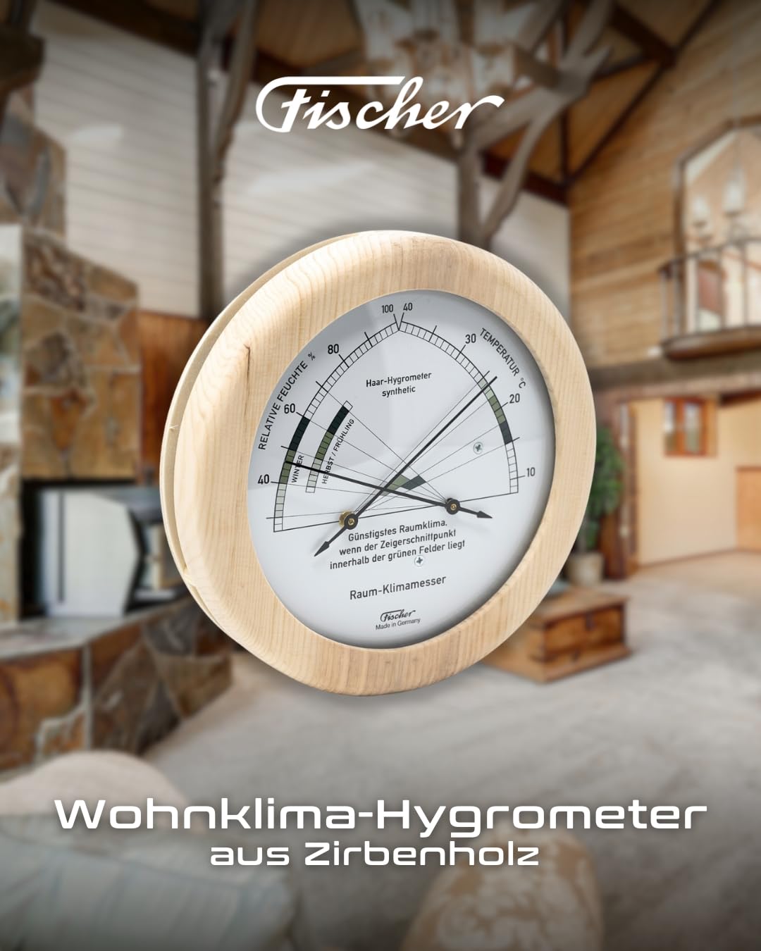Fischer 1222-09 Igrometro per umidità interna con termometro, in legno di pino, diametro 155 mm, umidità relativa da 30 a 100% HR, temperatura da 10 a 40 °C