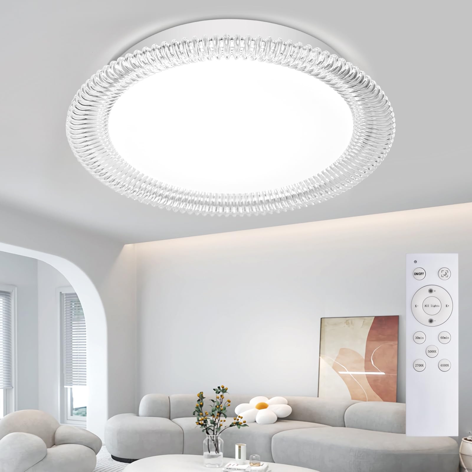 OOWOLF LED Ceiling Light, Dimmable 3000K- 6500K Round Ceiling Lights, 40W Remote Control Ceiling Lamp, Memory & Timing Function, Night Light Mode, for Indoor Living Room (Water) — image 1