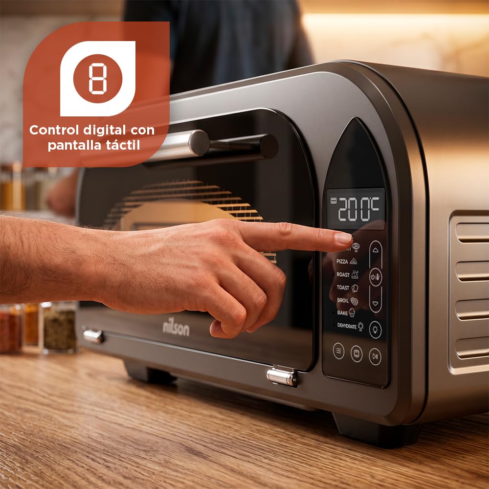Four à pizza 12 L, compact, 2000 W, 7 programmes de cuisson, écran LED, NPM2000DP, thermostat réglable, température maximale 350°, minuterie