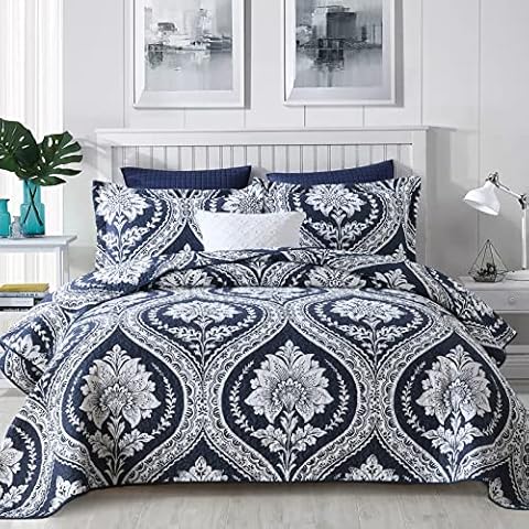 Finlonte Damask Quilt King Size, Cotton Quilt Navy White Bohemian King Quilt, Lightweight Soft King Quilted Bedspread for All Season, 3 Pieces Cover